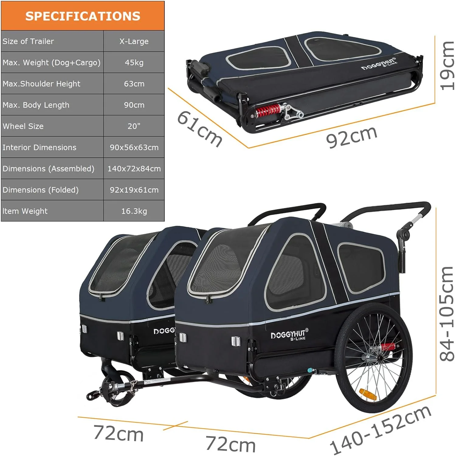 Doggyhut S-Line XL Hundeanhänger & Hundebuggy mit Federung 2 in 1 Hunde Fahrradanhänger Jogger gefedert bis 45 kg