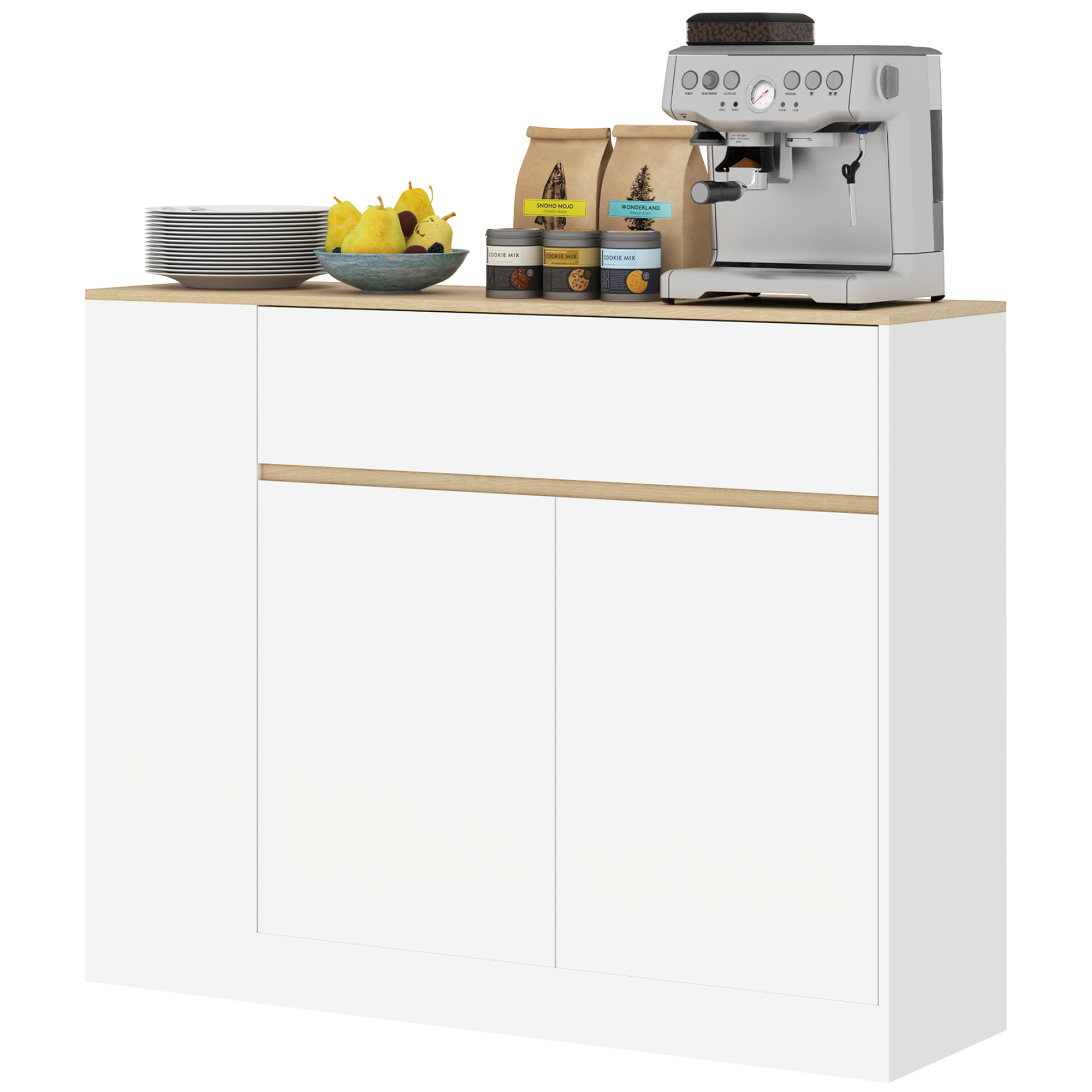 HOMCOM Sideboard, großes Schrankfach, 3 Ablagefächer, Schublade, 105 x 30 x 81,5cm, Weiß/Holz