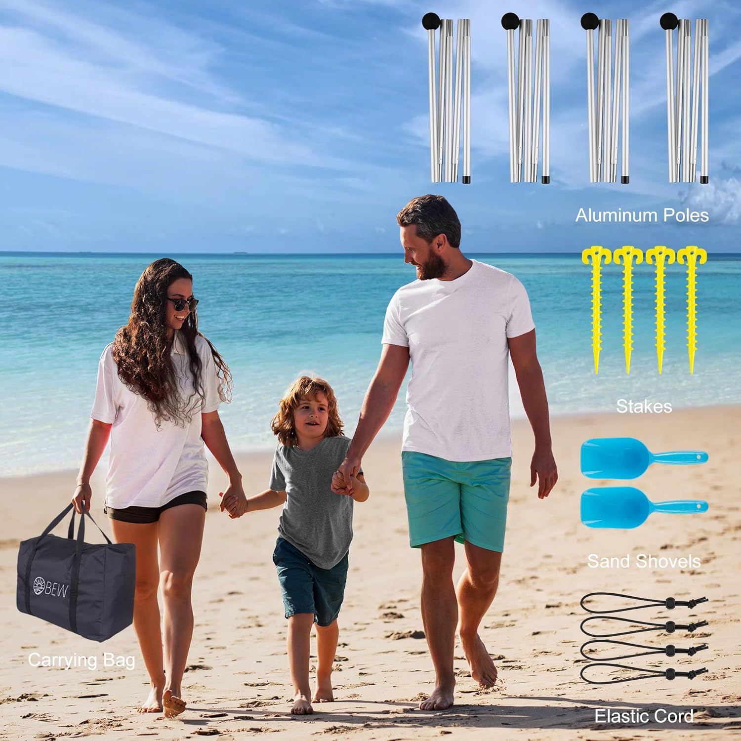 Strandzelt, Strandüberdachung, Sonnenschutz, UPF 50+, tragbarer 3 × 3 m, Camping-Sonnenschutz mit Sandsäcken, Stangen, Heringen und Anti-Wind-Seilen für Outdoor, Hinterhof, Picknicks, Angeln, Schwarz