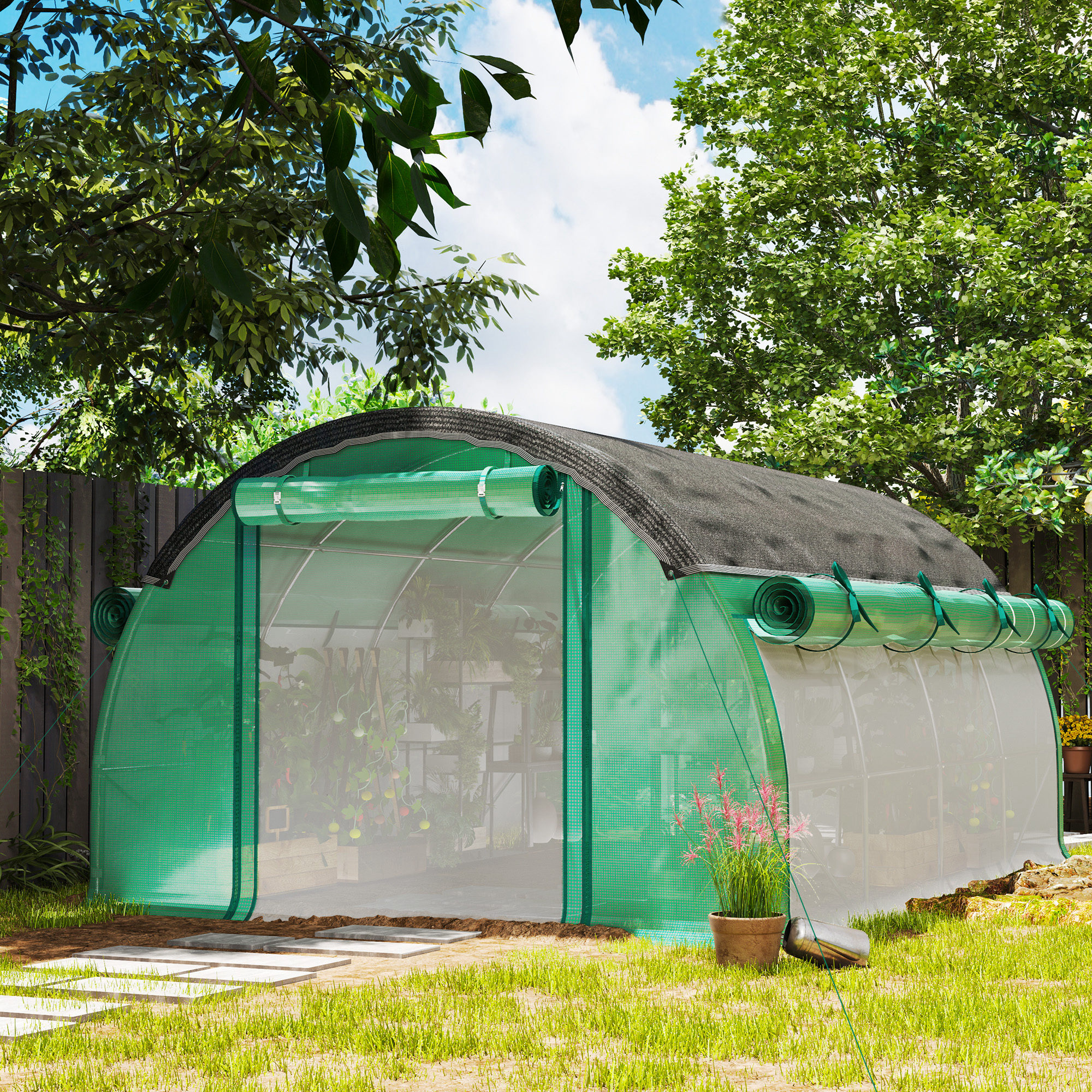 Outsunny 4 x 3 x 2 m Polytunnel-Gewächshaus mit Sonnenschutznetz, rollbaren Seitenwänden, Kunststoff-Abdeckung, Stahlrahmen, Grün