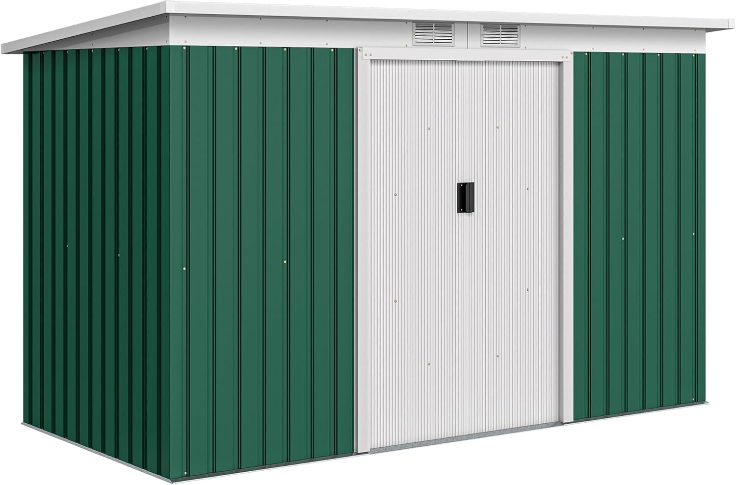 Outsunny Casetta da Giardino 3.2m² in Acciaio Zincato con Kit Fondazione, Prese d'Aria, Capanno Porta Attrezzi con Tetto Inclinato, Doppia Porta Scorrevole Bloccabile, Verde Scuro