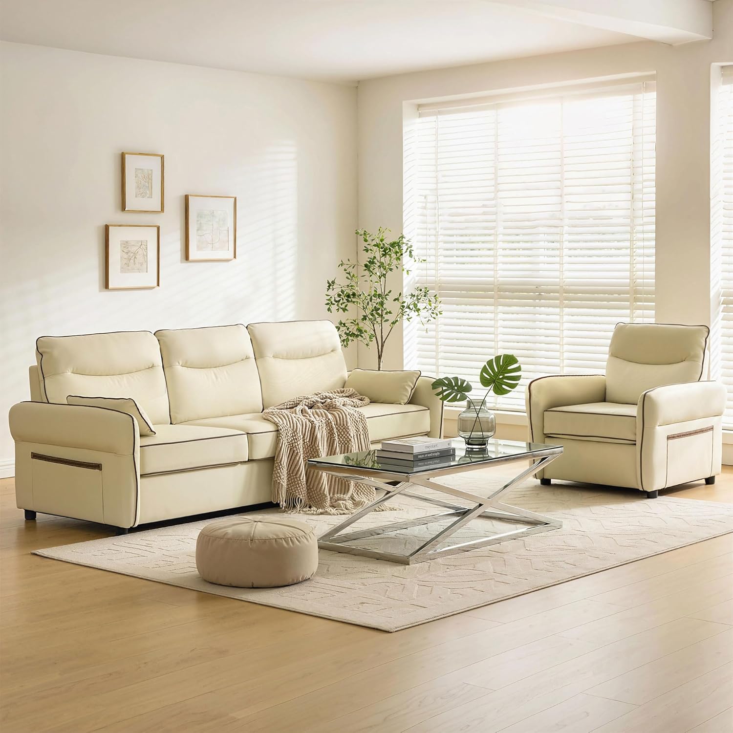 HOMCOM Divano 3 Posti Imbottito in Pelle Finta con Bordo a Contrasto, Divanetto da Salotto con Imbottitura Spessa, 2 Cuscini Rimovibile e Lavabile, Braccioli e Tasche Laterali, 190x83x90 cm, Beige