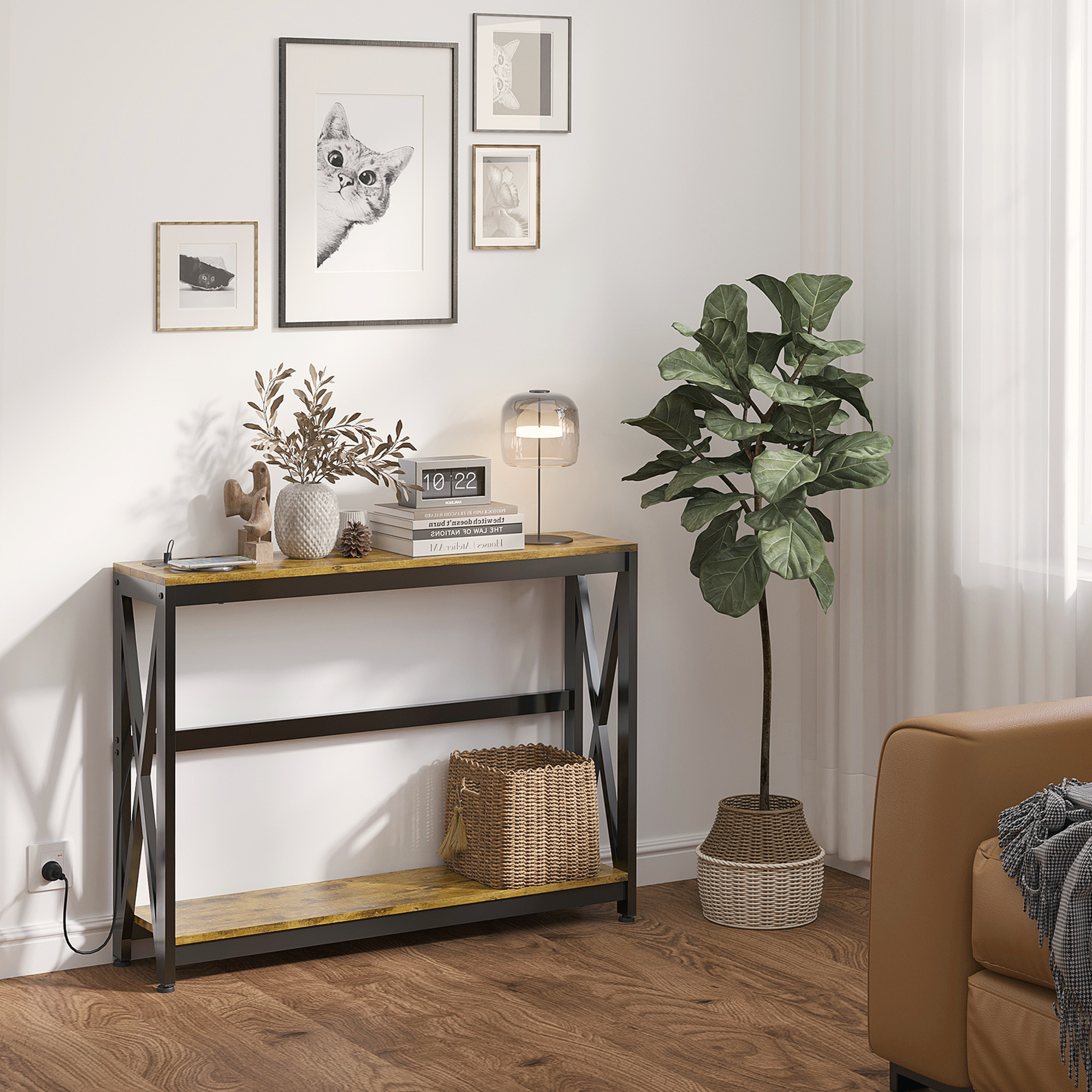 HOMCOM Schmale industrielle Konsolentisch mit 2 Ebenen und Steckdosen und USB, 100 x 24 x 75 cm, Braun