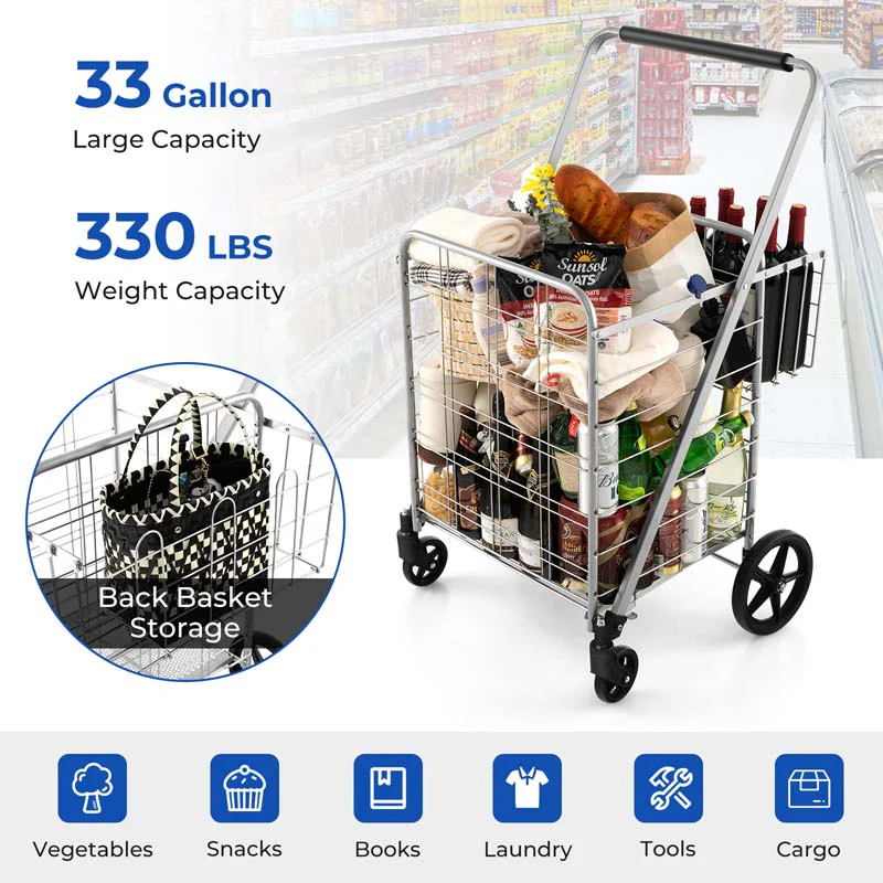 Eletriclife Folding Shopping Cart with Waterproof Liner Wheels and Basket