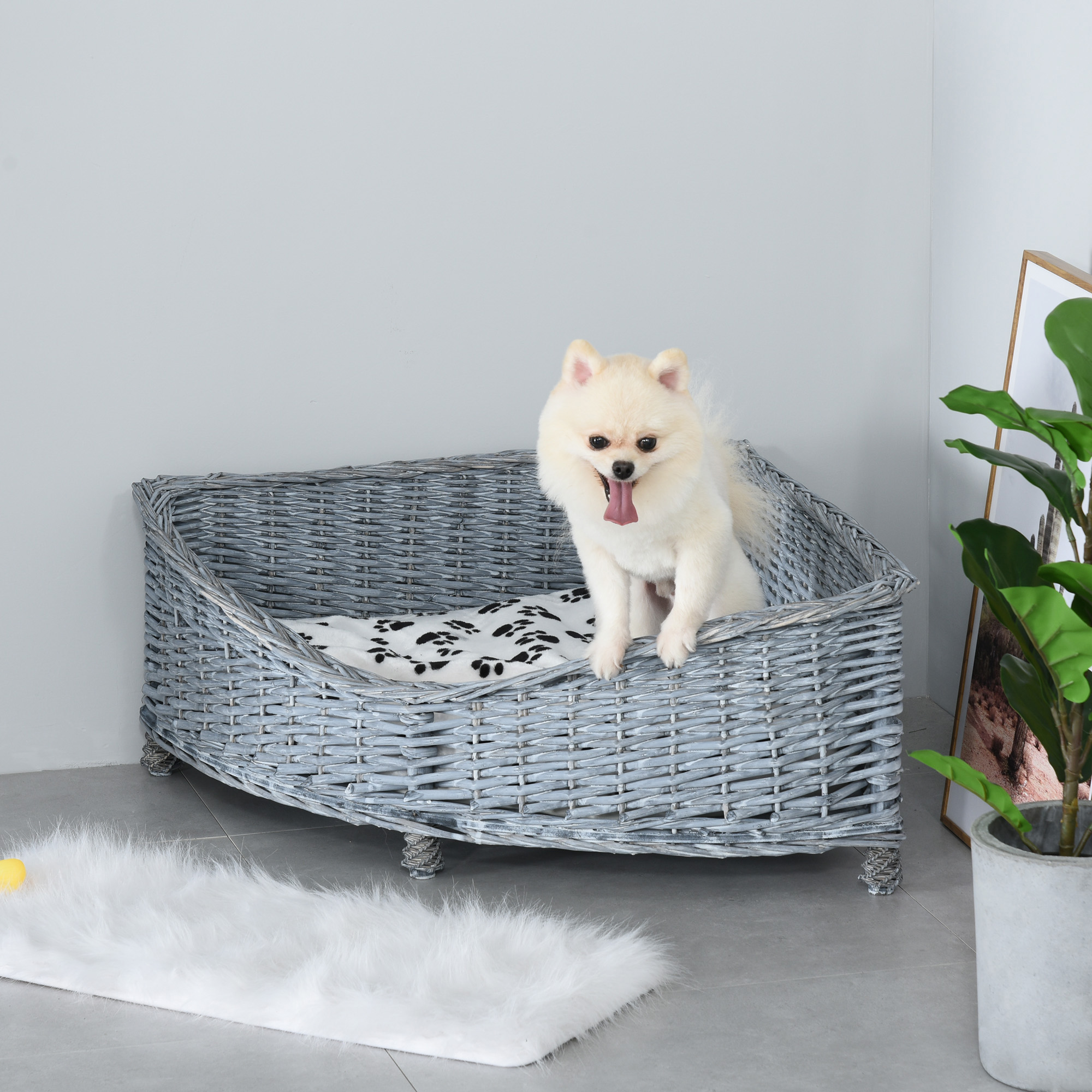 PawHut Hundesofa aus Ratten Haustierbett für kleine Katzen und Hunde Haustiersofa Katzensofa Weichem Bezug Eck Hundebett Hundecouch Weide Plüsch Grau 68 x 68 x 32 cm