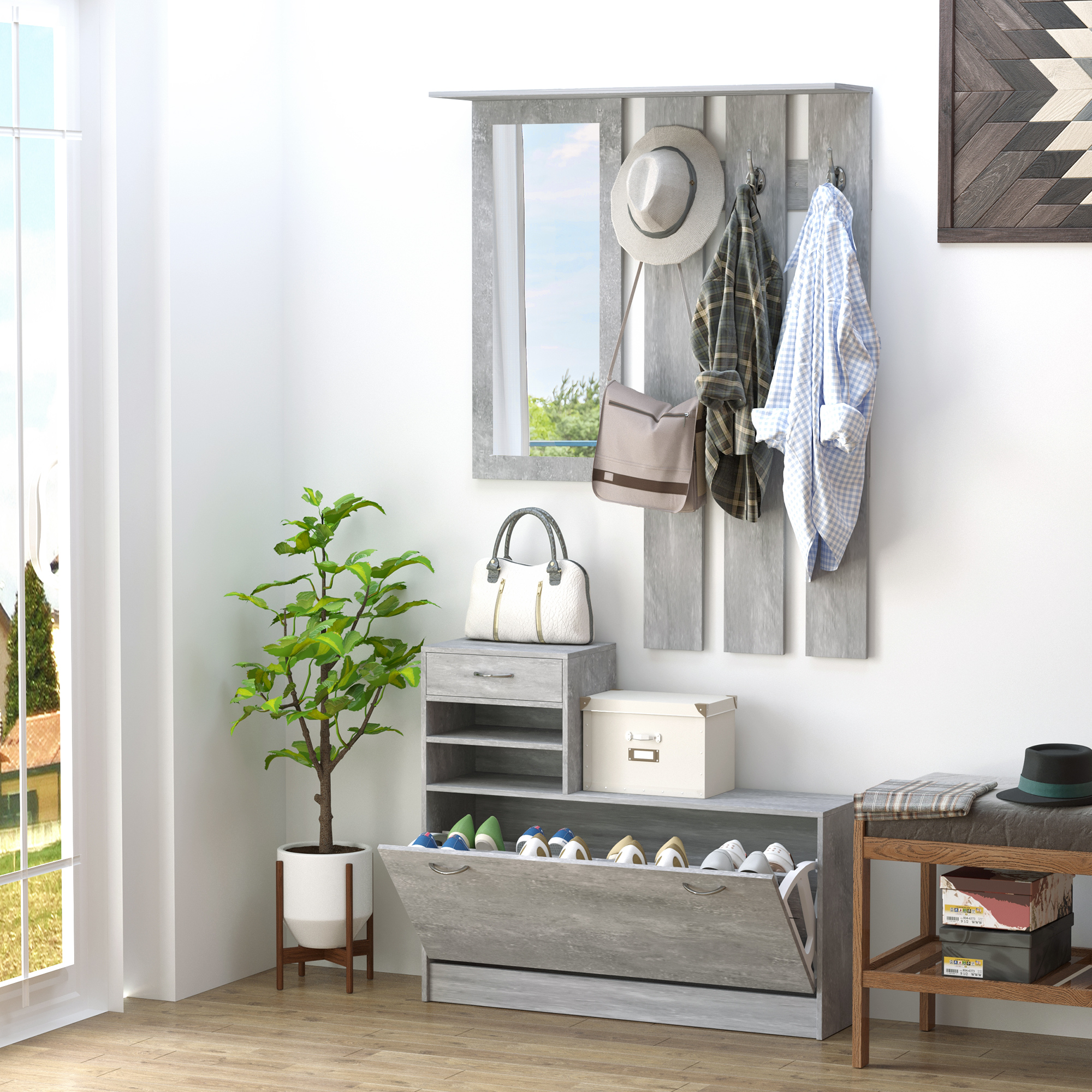 HOMCOM 3-in-1 Eingangsmöbel-Set Garderobe mit Garderobenpaneel, Spiegel und Schuhschrank - 6 Haken und verstellbares Regal, Betoneffekt Grau