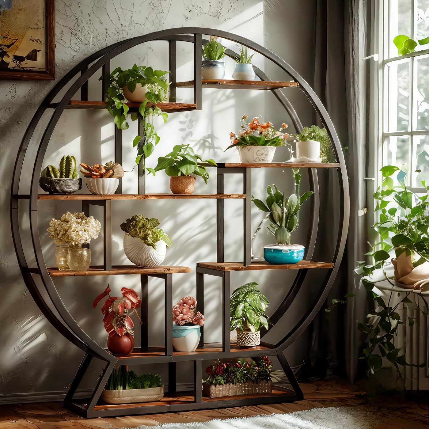 Libreria industriale rotonda | Scaffale portaoggetti in metallo a 5 ripiani, 150 x 30 x 160 cm, organizer moderno salvaspazio per soggiorno, ufficio, casa