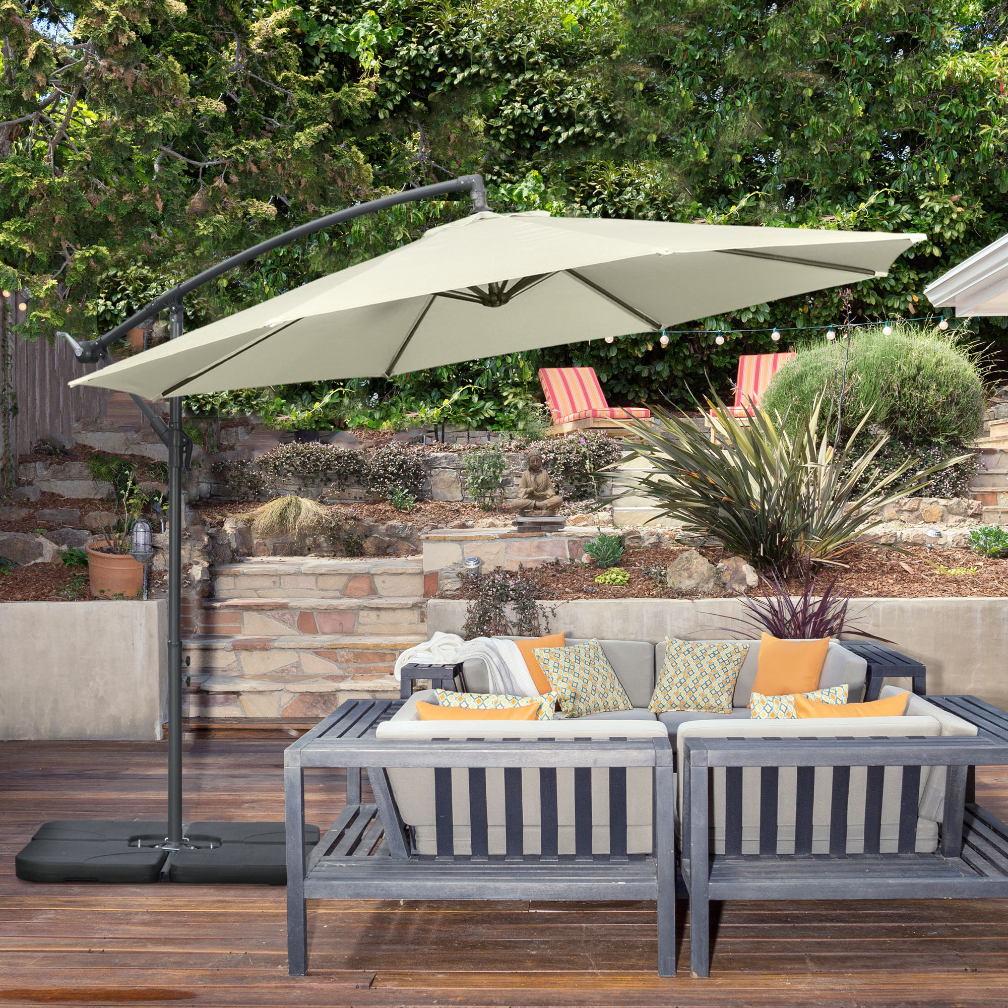 Outsunny Granit Sonnenschirm mit 6 Streben und Kurbel, Kreuzfuß, aus Metall und Polyester, Ø292x247 cm, Beige