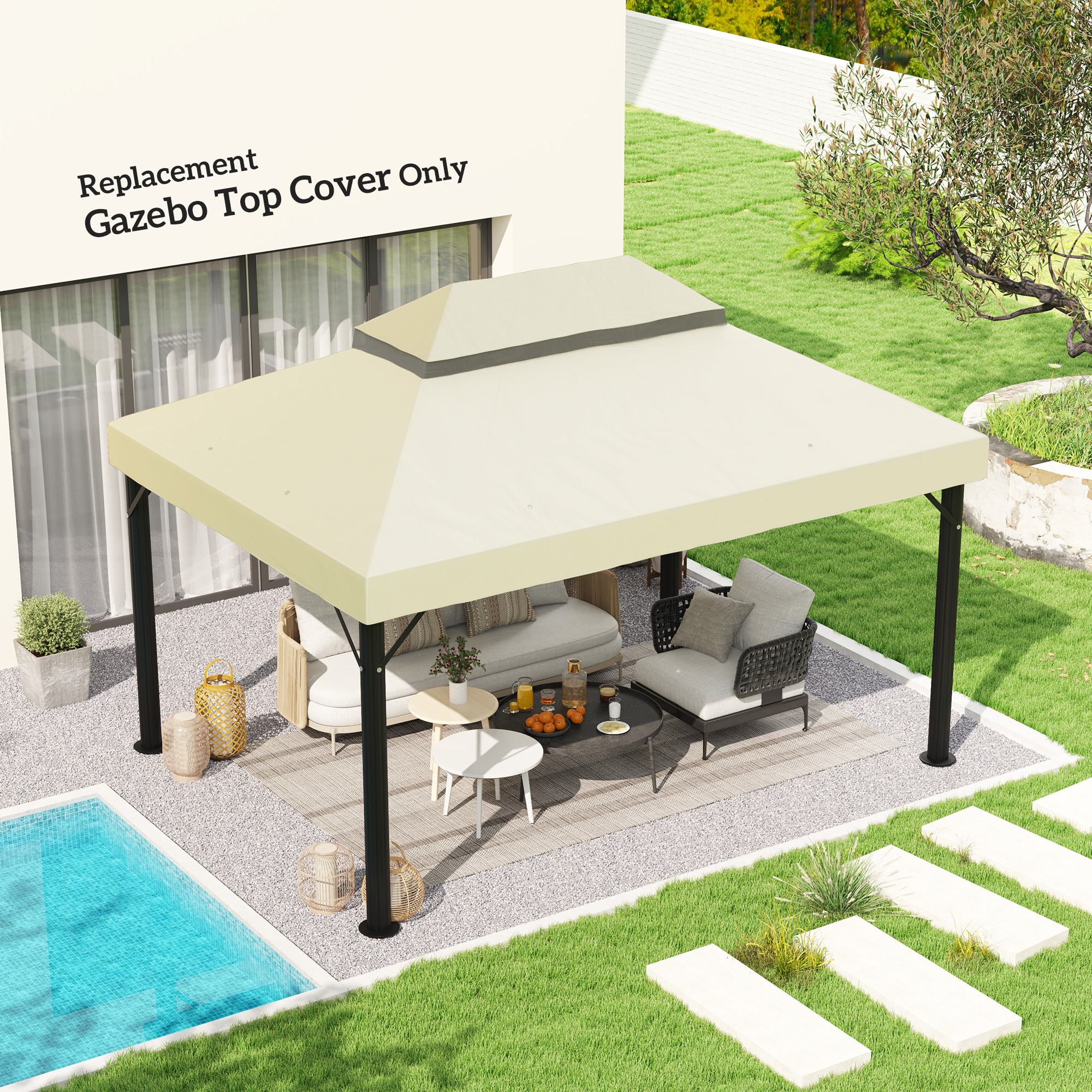 Outsunny Pavillon-Ersatzdach, 3 x 4 m, Ersatzplane mit Wasserablauf-Öffnungen, Polyester, Sonnenschutz, UPF30+, Cremeweiß