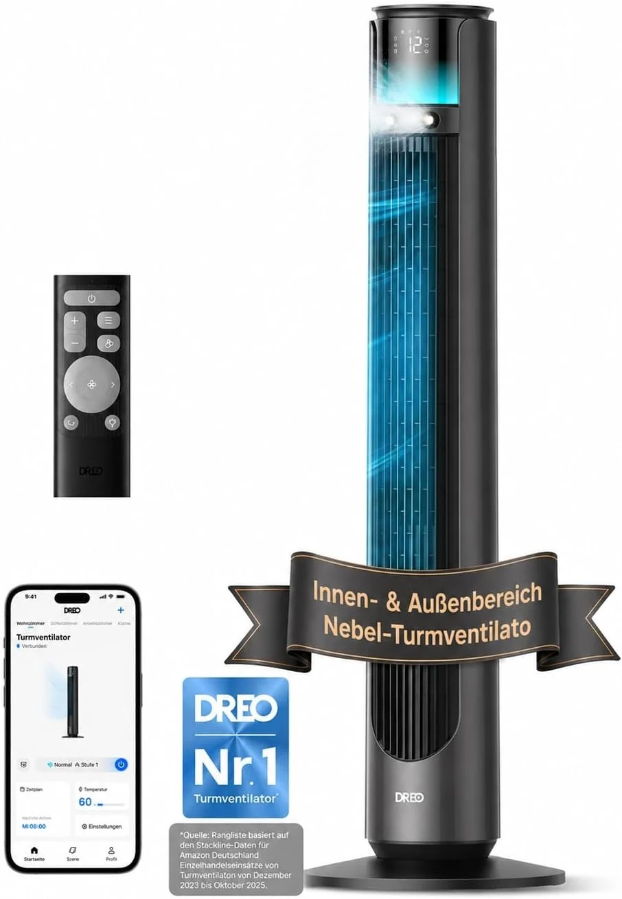 DREO TurboCool Outdoor Nebelventilator 711AS, 10 m/s Leistung, 20 dB leise, für Innen- & Außenbereich, 12 Stufen, 4 Modi, 150° Oszillation, DC-Motor