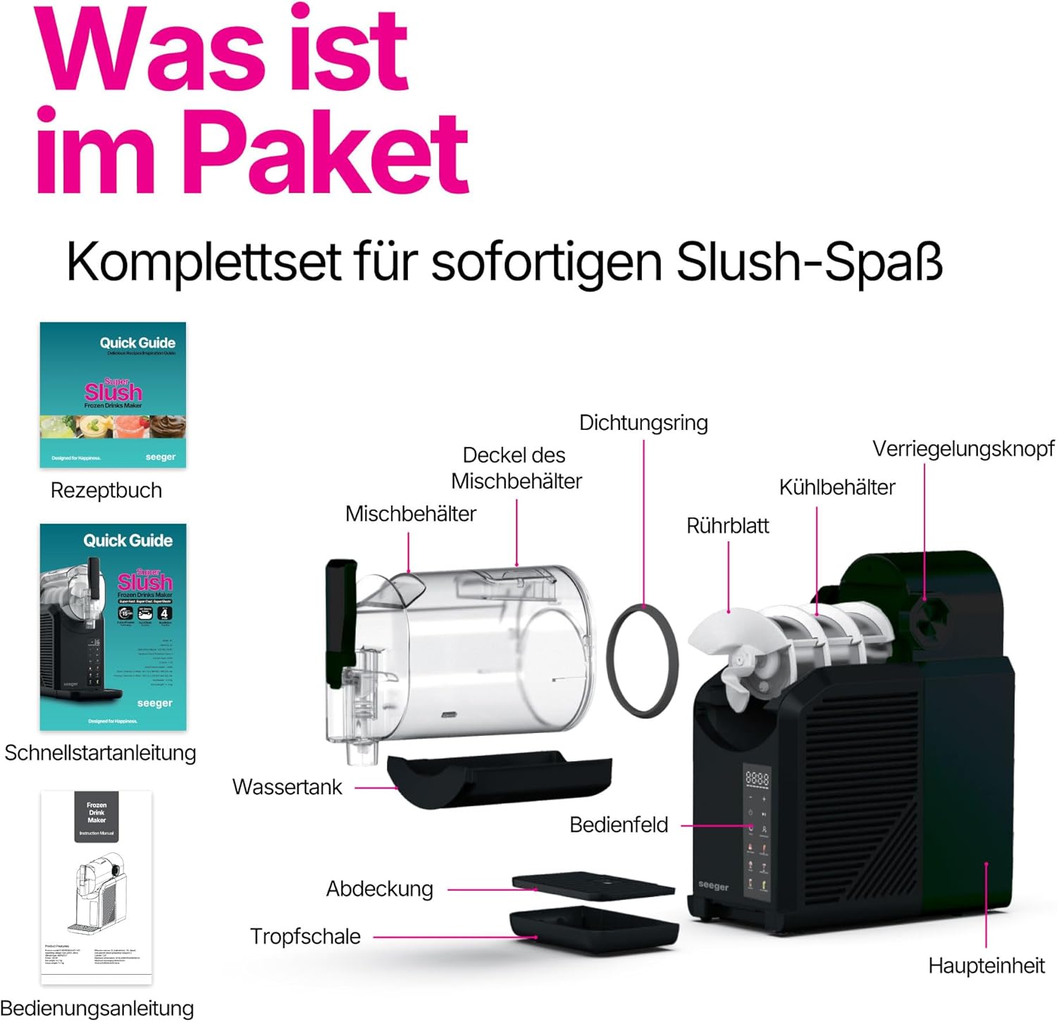 Seeger SuperSlush, 2L 7-in-1 Slush Maschine für zu Hause, 7 Smarten Programma, Automatische Reinigung und InstantFreeze 15 min Technologie, Slushi, Eis-Cocktails, Frappé, Milchshakes, Schwarz