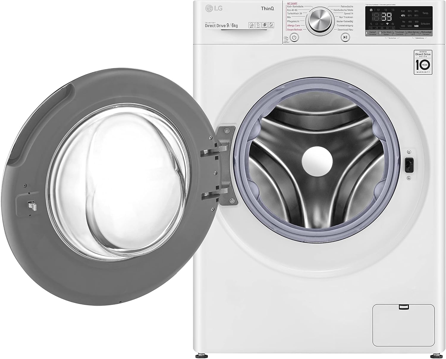 LG W4WR7096YB, Klasse D, Frontlader-Waschtrockner 9 - 6 kg, 62 x 60 x 85 cm, Wi-Fi, AI Direct Drive, Tiefenreinigung mit Dampf, TurboWash 360, Große Kapazität, Außentür aus gehärtetem Glas, Weiß