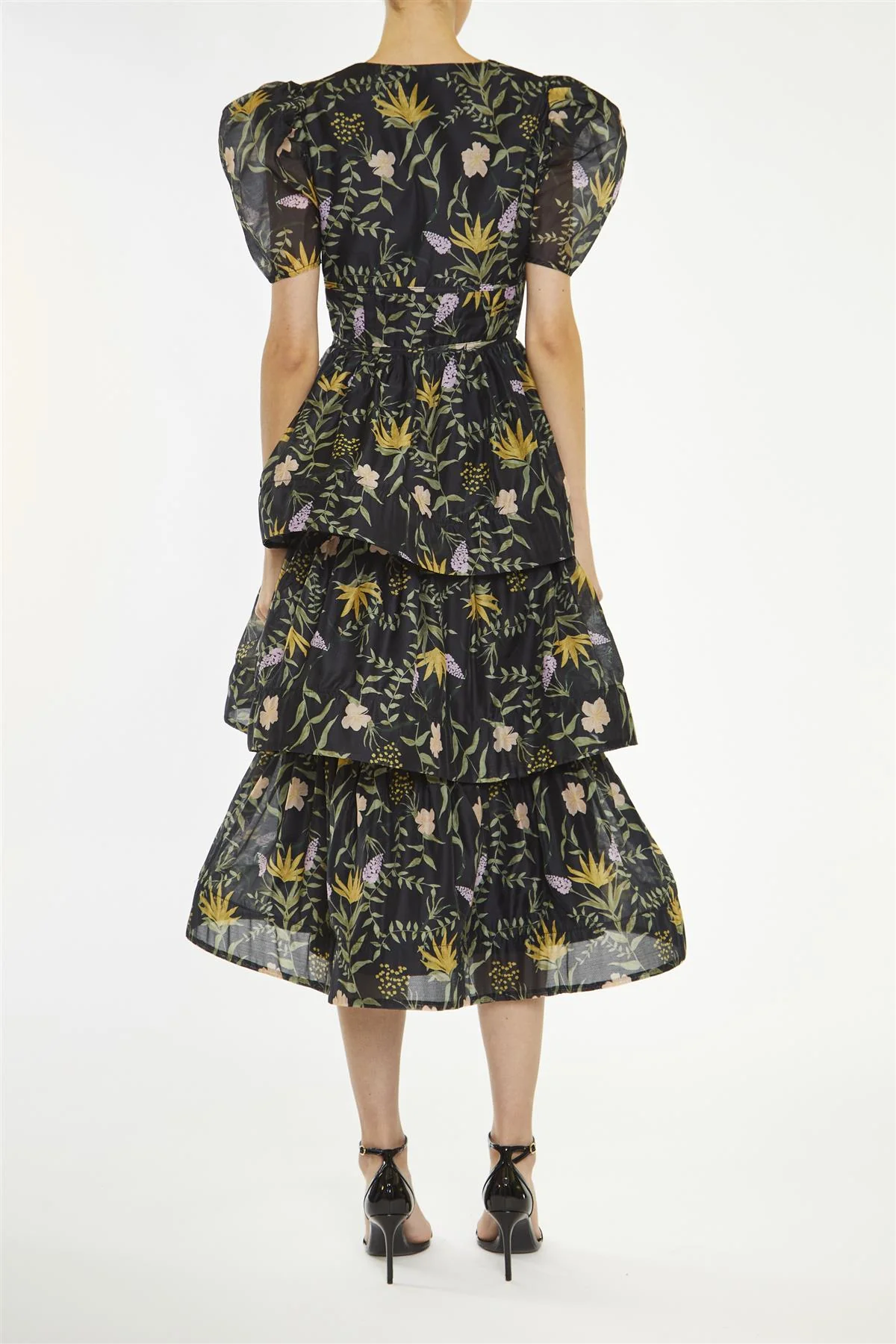 Ariella Black Stem Nature Floral Tiered Midaxi-Dress