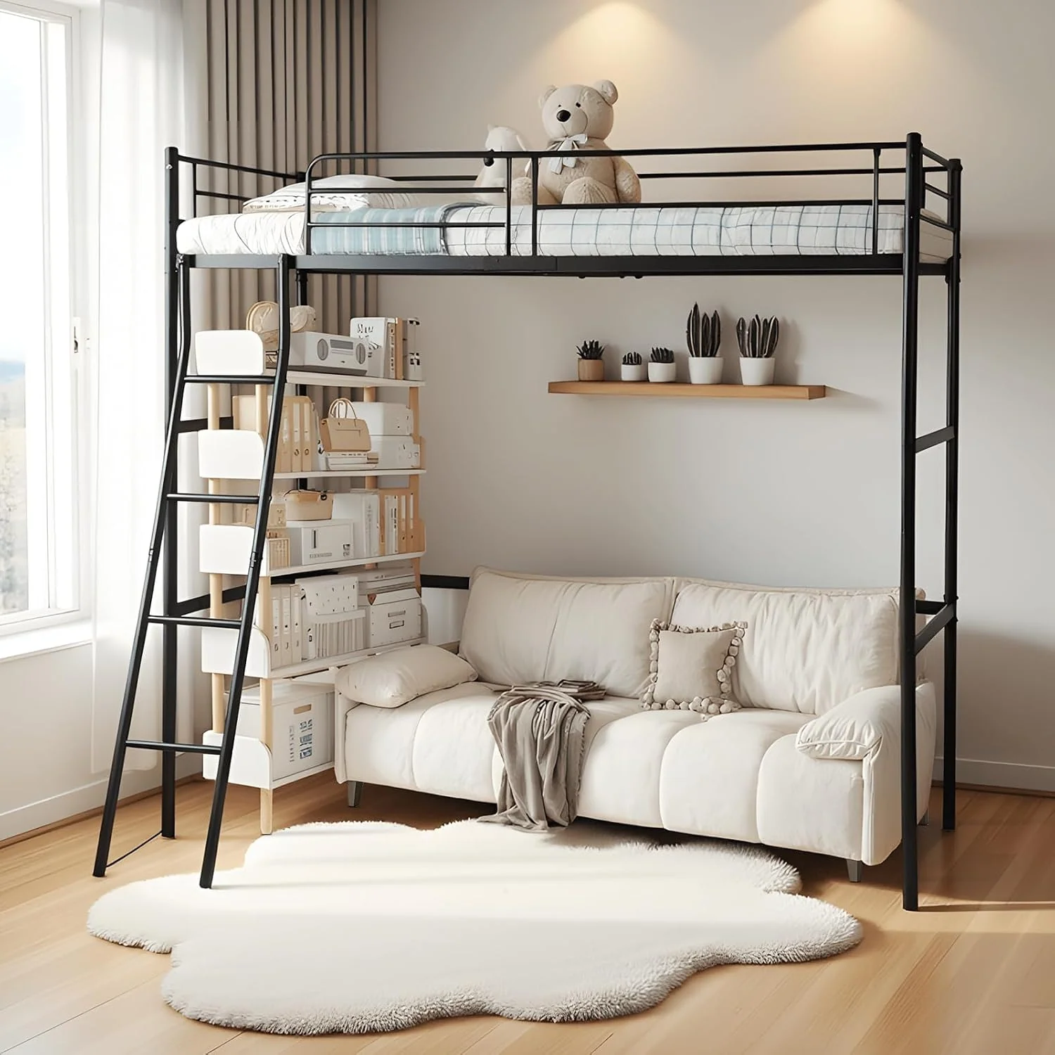 Hochbett 90x200cm, Etagenbett mit Barriere und Schrägleiter, für Erwachsene Jugendliche und Kinder, Kinderbett Bettrahmen Metallbett, Schwarz