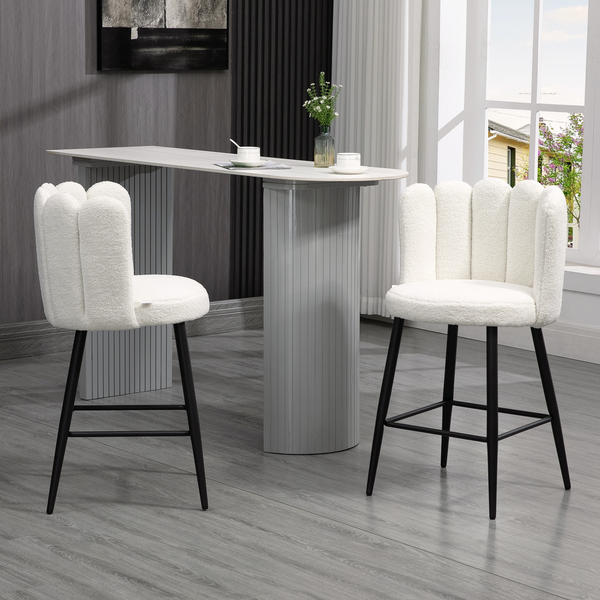 HOMCOM Set mit 2 Hochstühlen Barhockern mit Fußstütze Stahlgestell Stoff in Wolloptik Höhe 65 cm Creme Schwarz