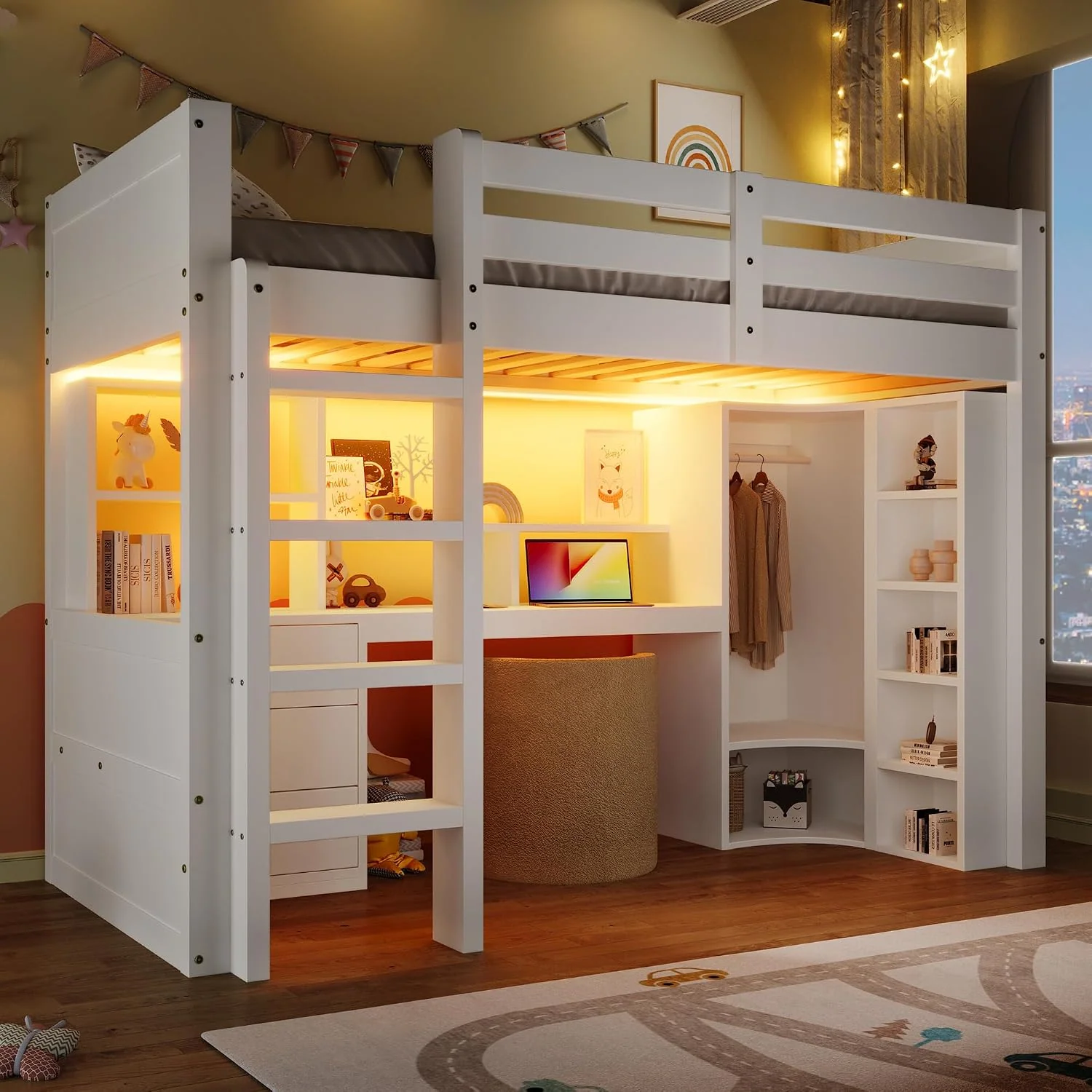 Hochbett 90x200 mit LED, Ohne Matratze, Kinderbett Holzbett Bettgestell mit Regalen und Lattenrost, Kleiderschrank, Schreibtisch, Schubladen, Weiß