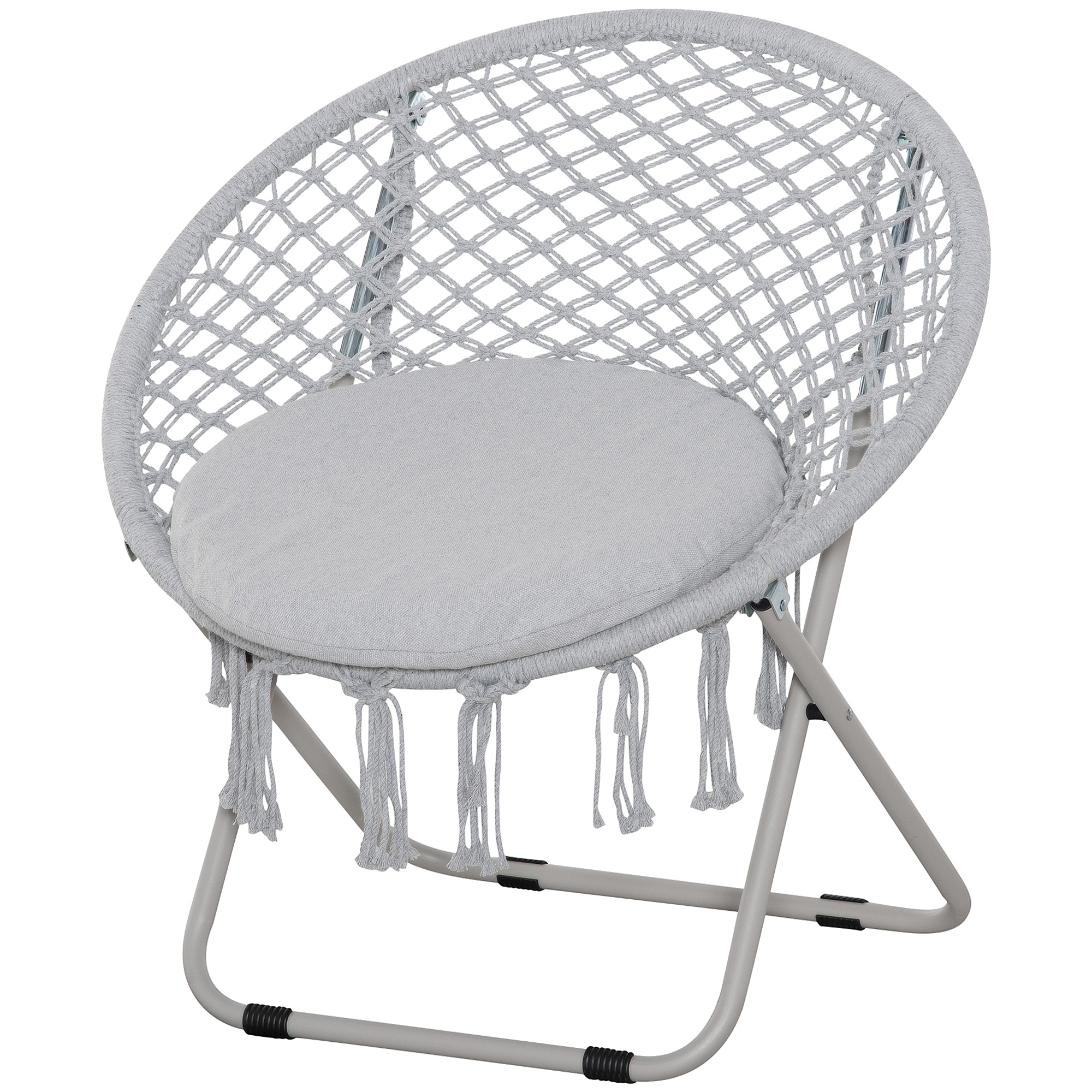 Outsunny Hängesessel Runder Gartenstuhl Mond Papasan Klappbarer großer Komfort Makramee Baumwolle Polyester Grau