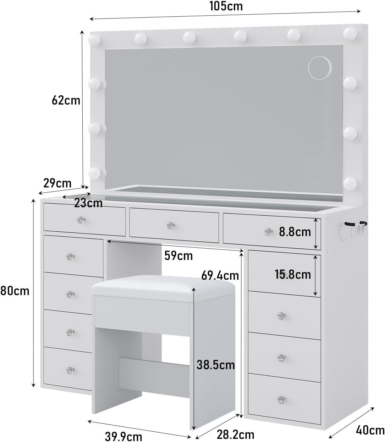 Dressing Table with Mirror and 12 LED Lights, Vanity with 11 Drawers, Sockets and USB Ports, Stool Included, 3 Adjustable Lighting Modes, White