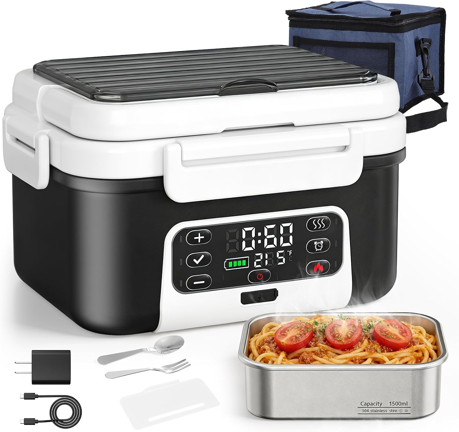 Scaldavivande a Batteria Ricaricabile, 1,5L Lunch Box Elettrico Portatile, Porta Pranzo Riscaldabile con 6 Modalità di Riscaldamento & Timer 24H, Antiperdita per Lavoro Viaggio Campeggio