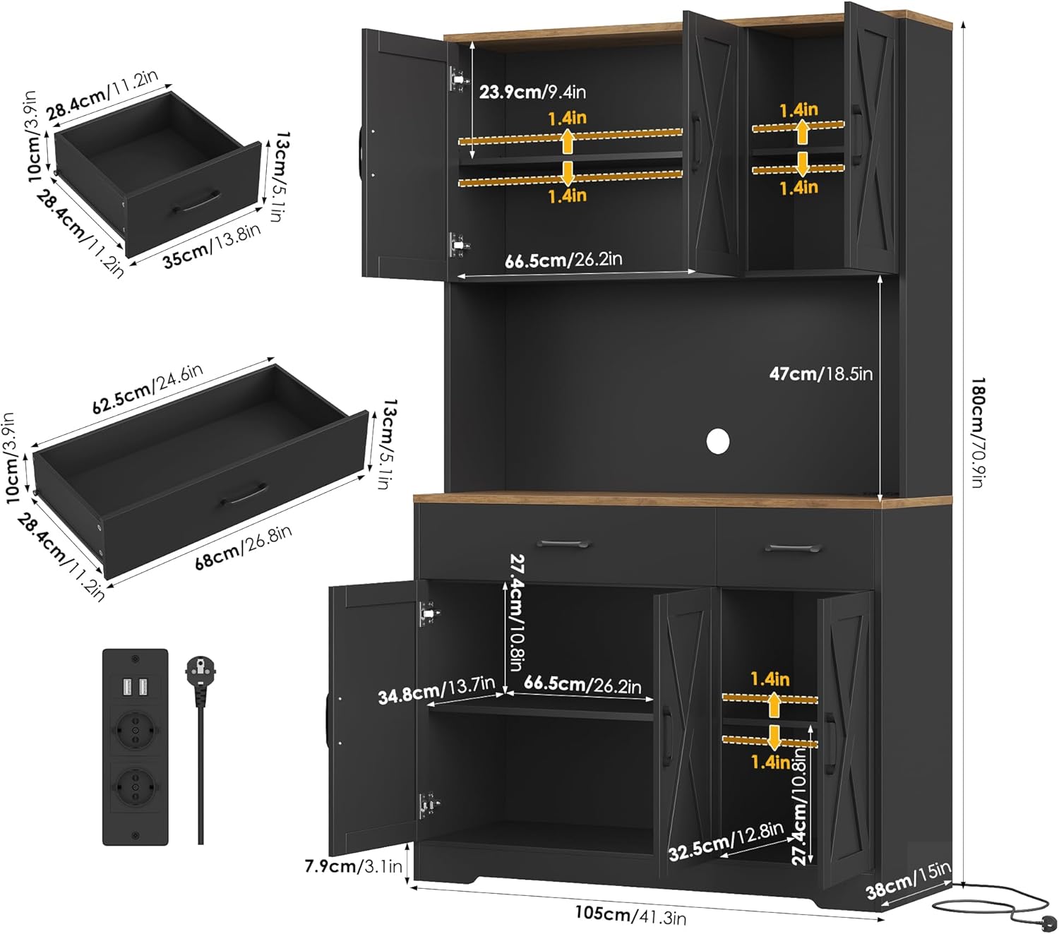 HOCSOK Credenza Cucina 105x180 cm (BxH), Alta Dispensa Cucina con Presa Elettrica, Ripiani Regolabili, Microonde con Ripiani Aperti, mobile soggiorno, Nero
