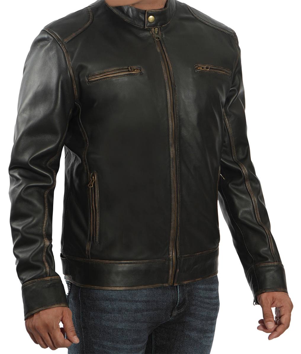 Mens Brown Distressed Cafe Racer Leather Jacket
