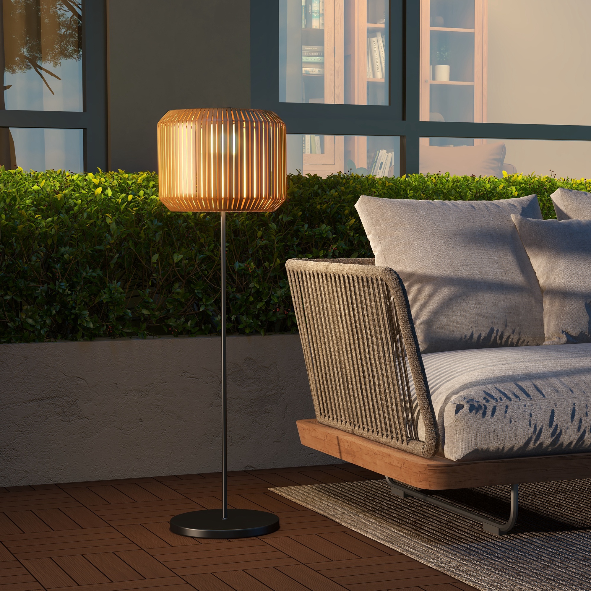 Outsunny Rattan Außenleuchte, Solar Gartenlampe, Einschaltautomatik, LED, wetterfest, Metallrahmen, Ø34 x 130cm, Schwarz/Gelb