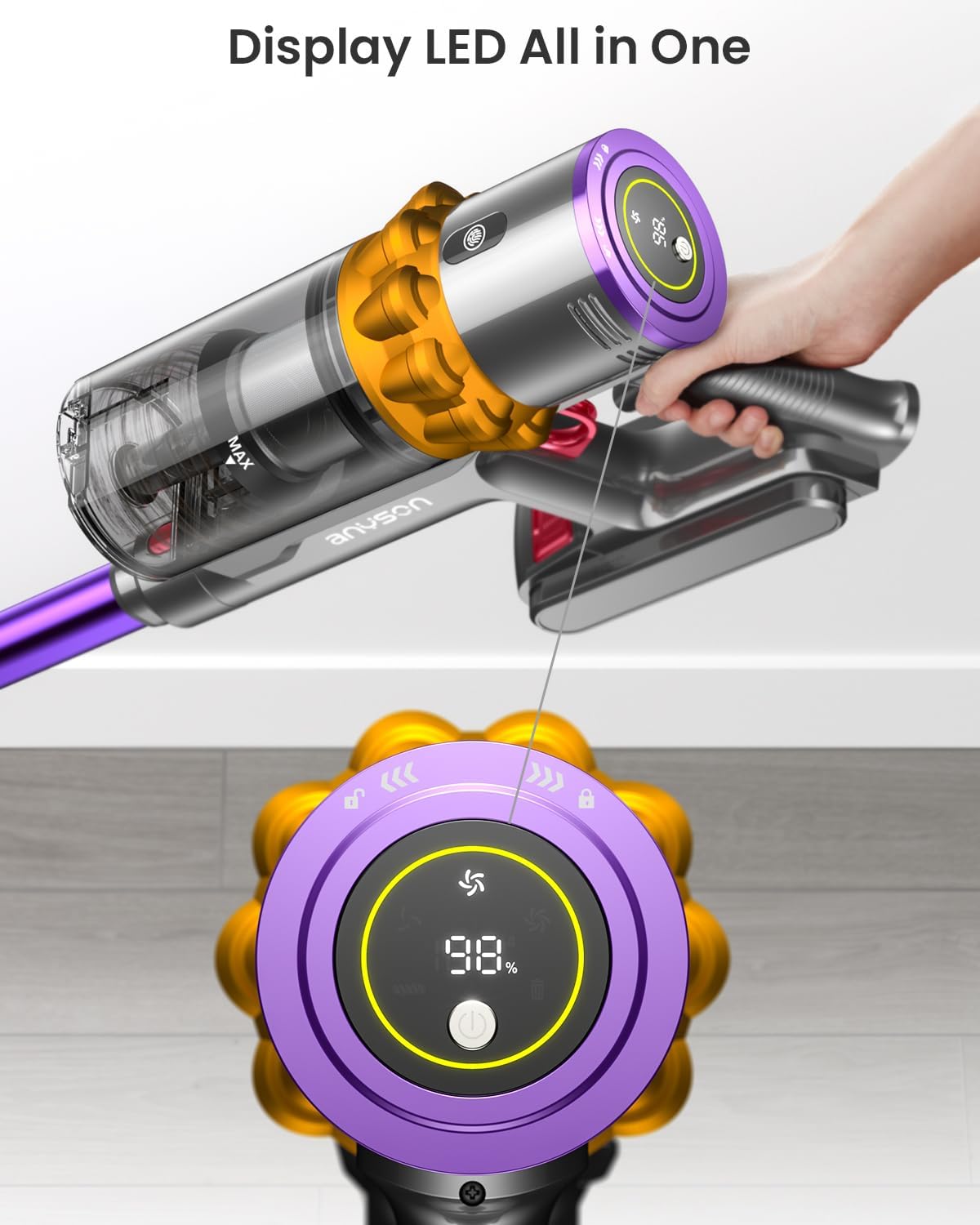 Anyson 45KPa/550W Aspirapolvere Senza Fili, 70 min/1,6L Scopa Elettrica Senza Fili Autocaricante Ultra-silenzioso, 8 Stadi Filtrati OLED Smart Aspirapolvere