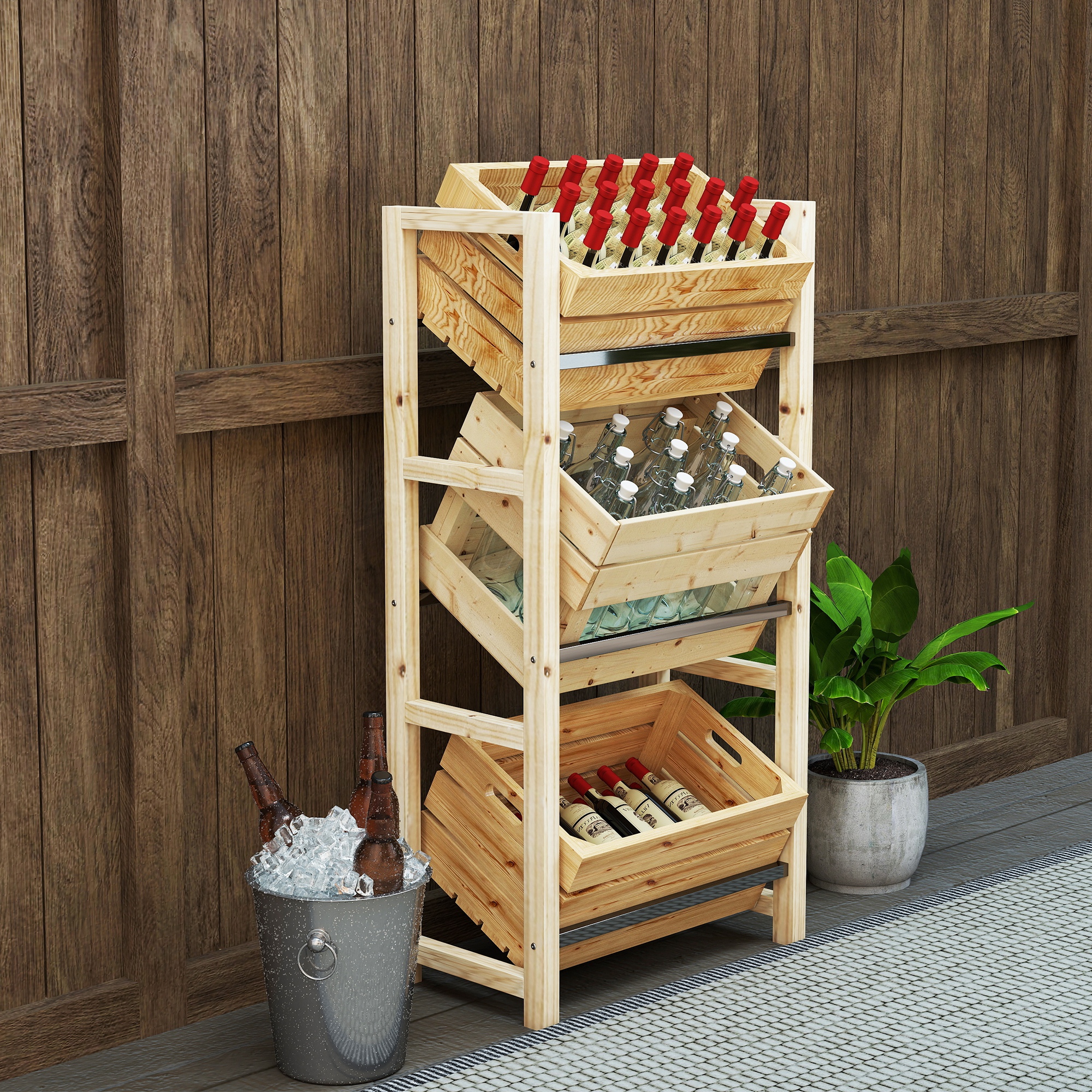 Outsunny Getränkekistenregal für 3 Getränkekisten Getränkeregal Holz Kistenregal mit 3 Ebenen 56 x 32 x 112 cm Naturholz