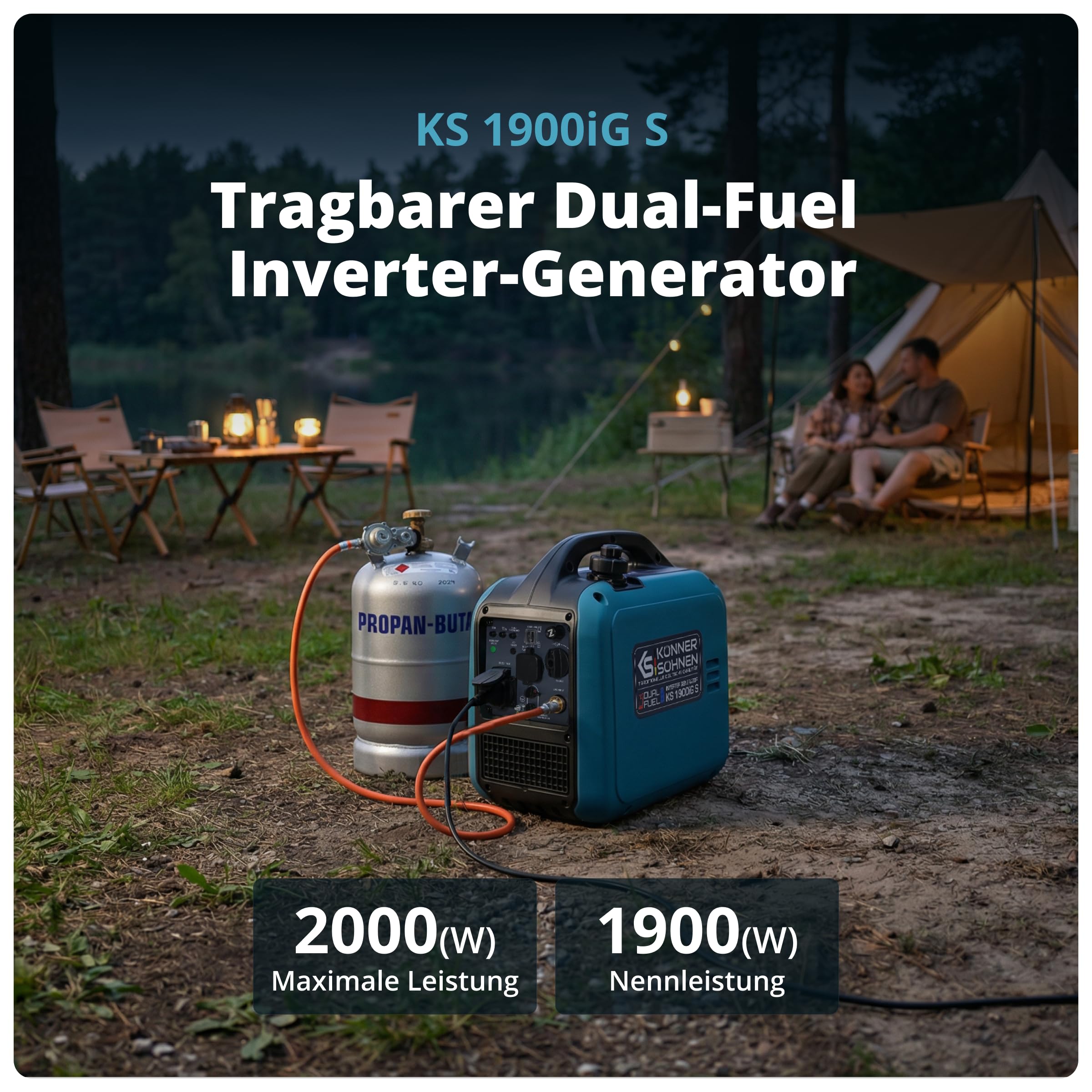 Inverter Stromerzeuger 2000 W mit Benzin- und LPG-Betrieb, 230 V, reine Sinuswelle, 17 kg