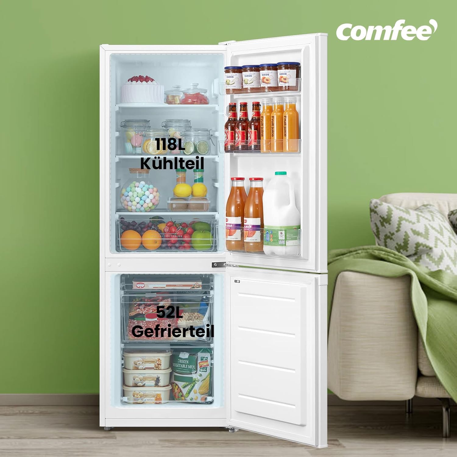 Comfee RCB169DK2(E) Fridge/Freezer Combination, 150 cm Height, Low Frost, Adjustable Fridge Temperature, LED Light, 195 kWh per Year, Fridge Capacity 115 L, 59 L Freezer, Black