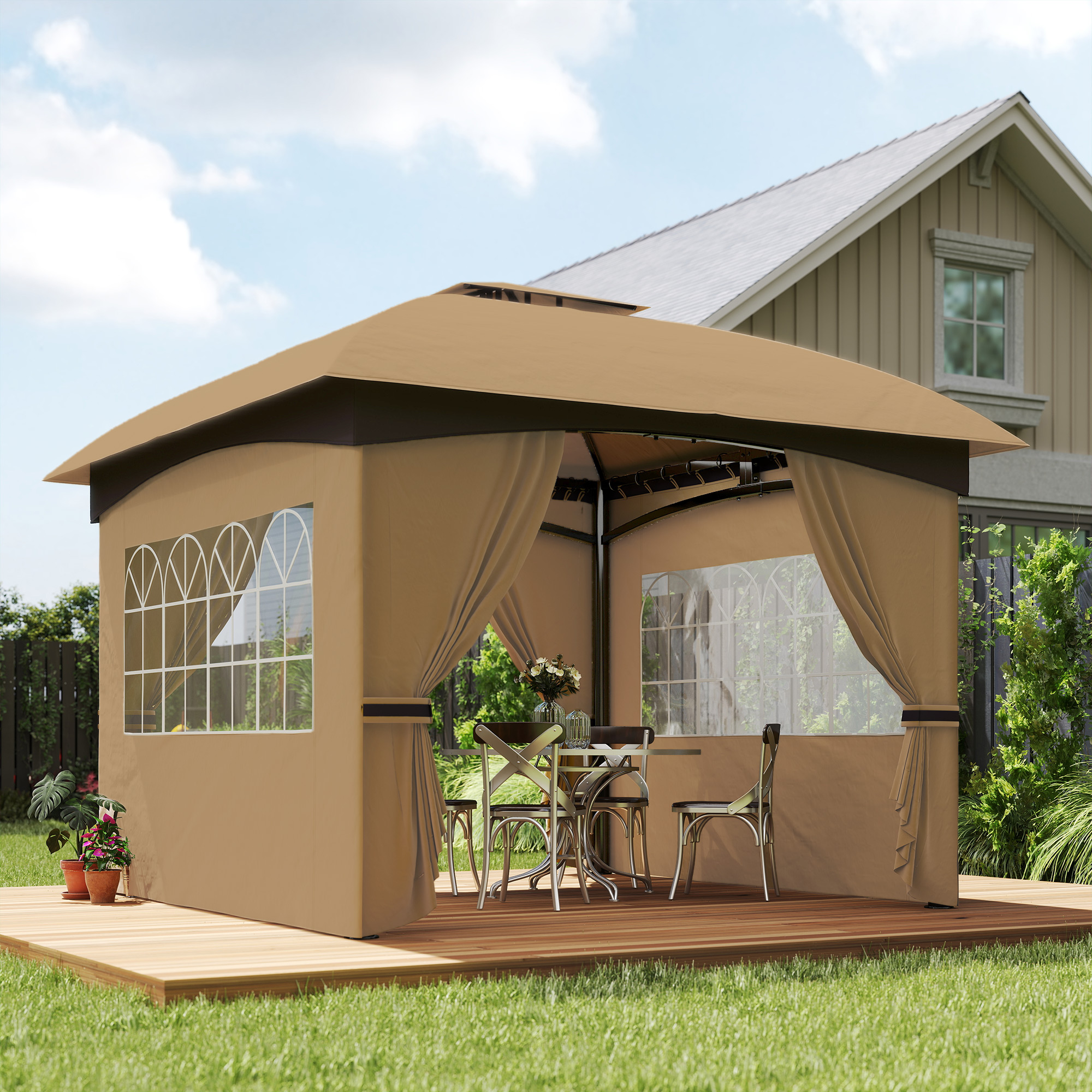 Outsunny 3,4 x 3,4 m Gartenpavillon, Bierzelt mit Lüftungsdach, Bogenfenstern, Stahlgestell, Beige