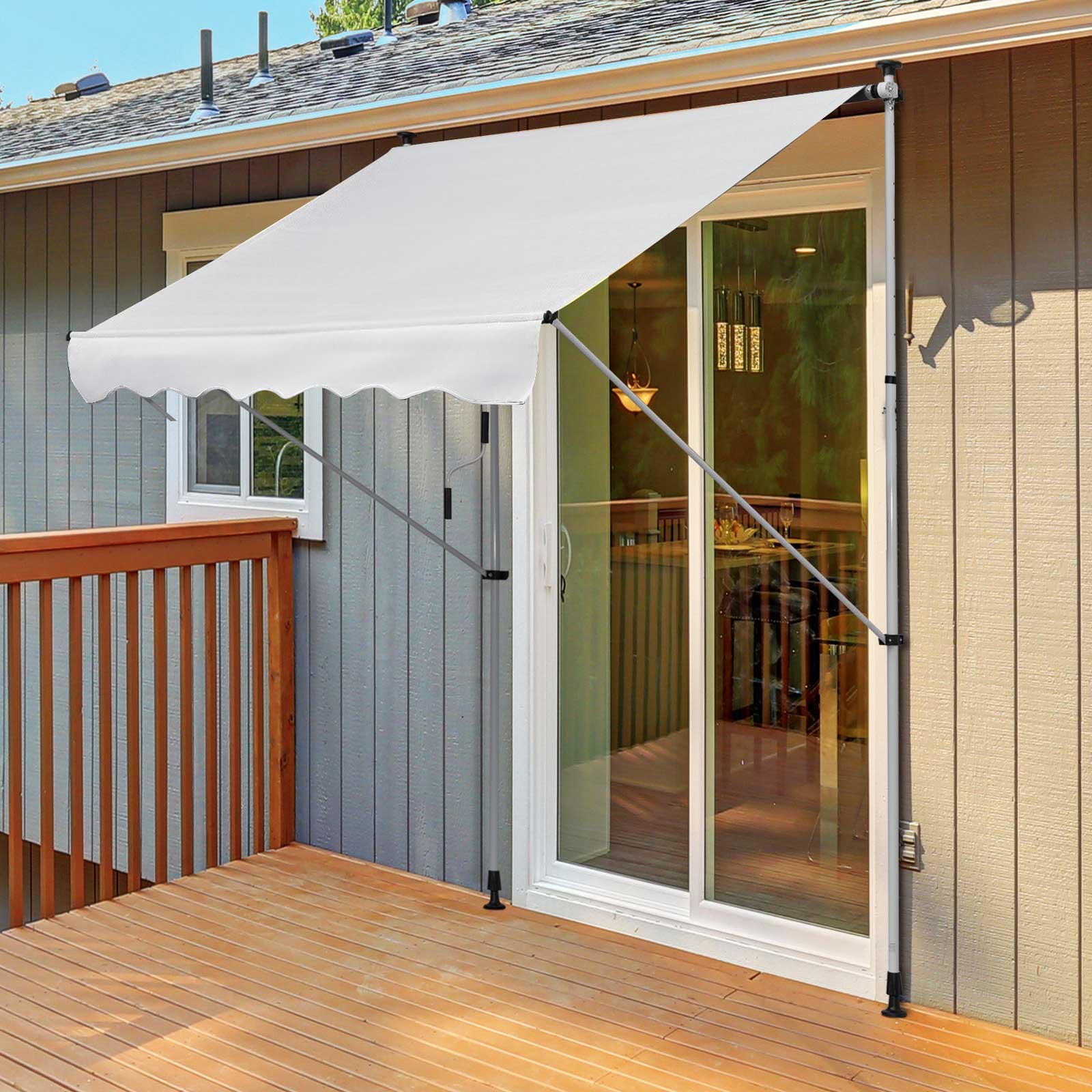 Outsunny Manueller ausziehbarer Markisenstore 2L x 1,5B x 1,7-2,8H m einstellbare Neigung schnelle Installation Balkonmarkise ohne Bohren Metall Aluminium Polyester Weiß