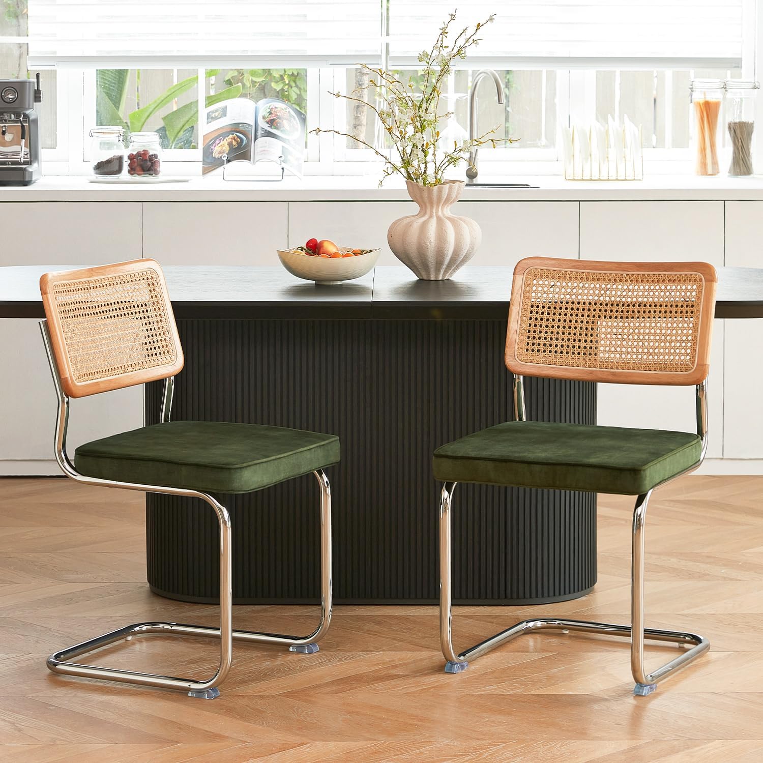 Green Rattan Dining Chairs Set of 4, Wooden Mid Century Modern Dining Room Chairs, Mesh Back Cane Kitchen Chair, Cesca Design Chairs with Metal Chrome Legs