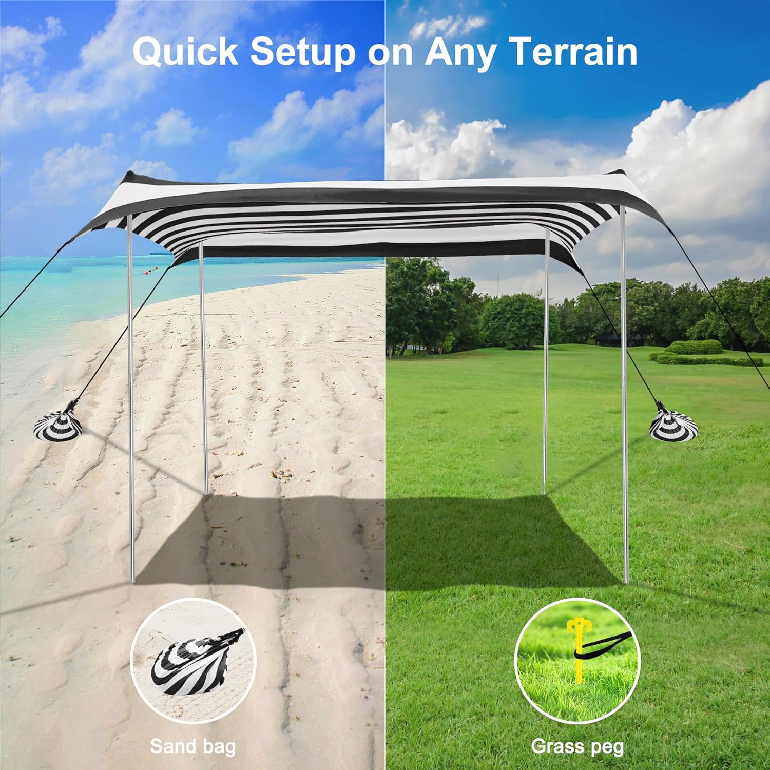 Strandzelt, Strandüberdachung, Sonnenschutz, UPF 50+, tragbarer 3 × 3 m, Camping-Sonnenschutz mit Sandsäcken, Stangen, Heringen und Anti-Wind-Seilen für Outdoor, Hinterhof, Picknicks, Angeln, Schwarz