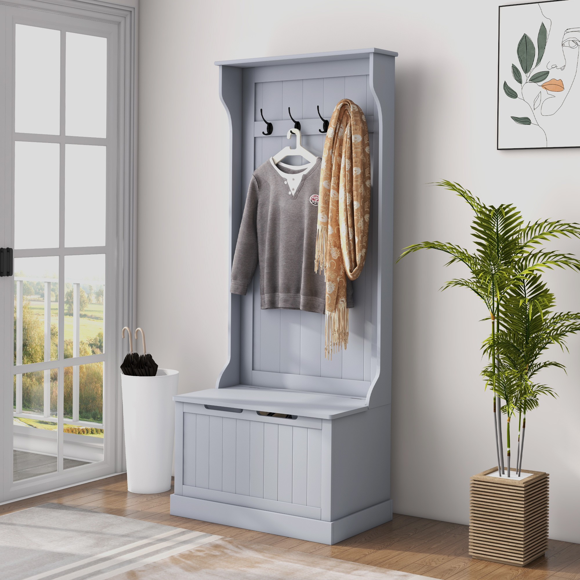 HOMCOM Garderobenständer 3 in 1 mit 4 Haken und Sitzbank, aus Holz, 71,5x39,5x170 cm, Grau