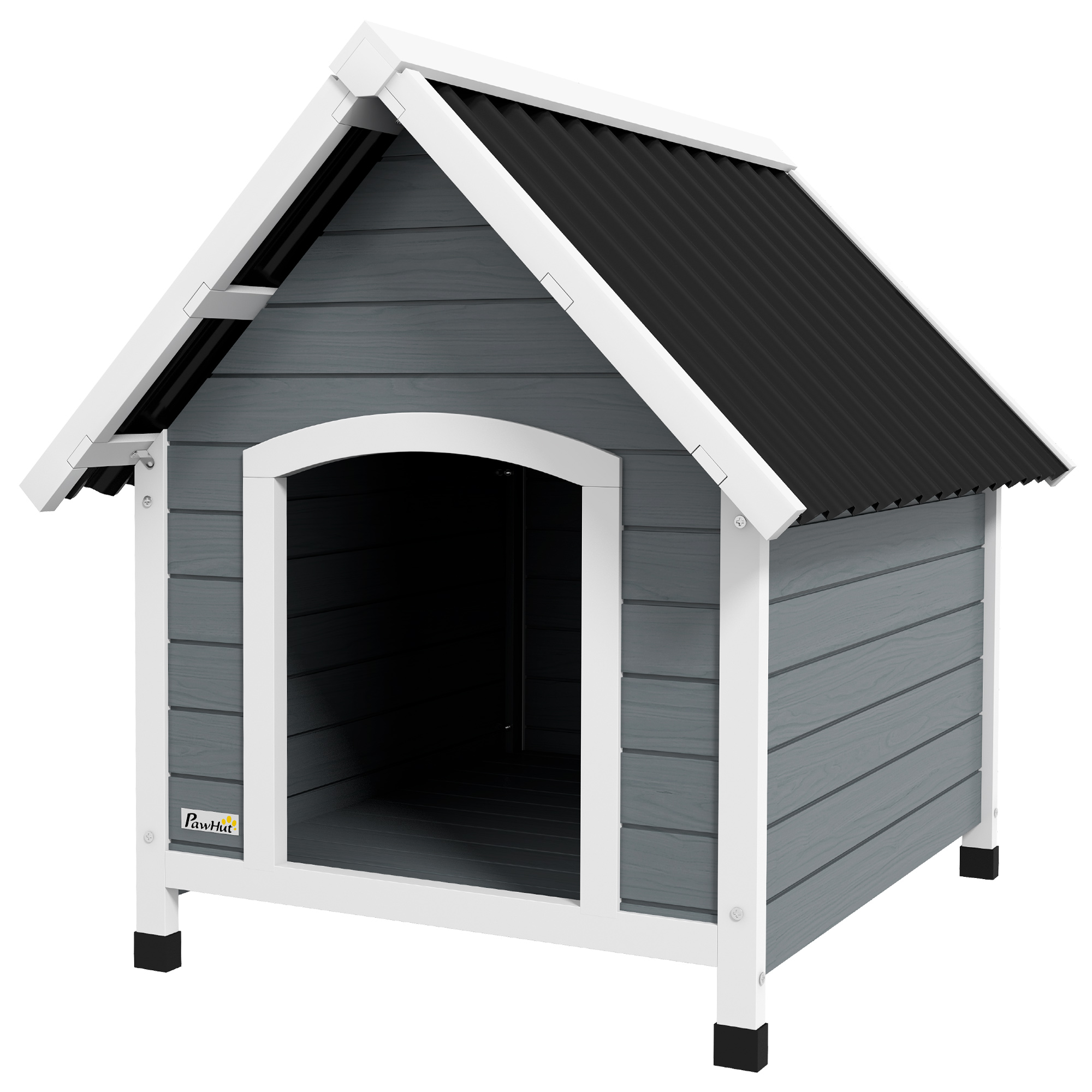 PawHut Hundehütte, wetterfest, herausnehmbarer Boden, Tannenholz, 75x88x82 cm, Grau/Schwarz