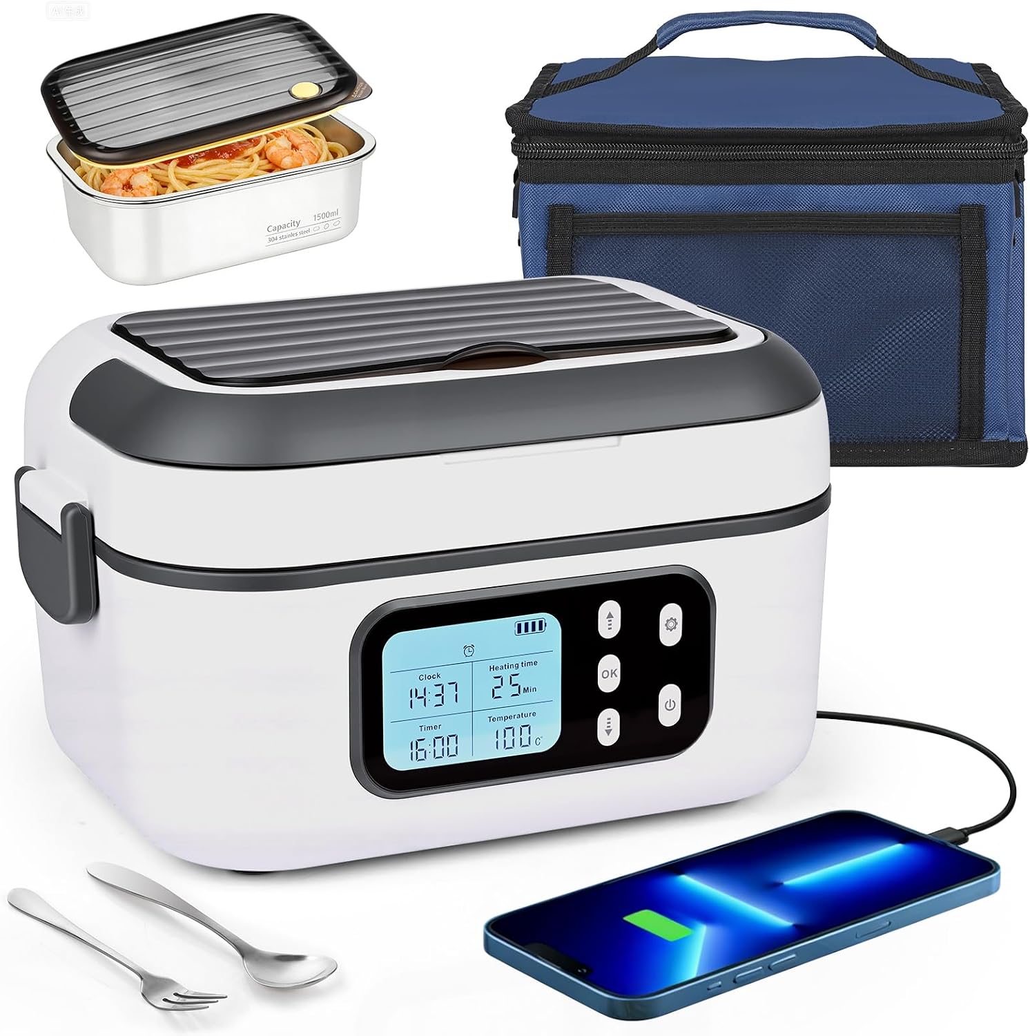 Dreamhigh 1.5L Scaldavivande Elettrico Portatile,Scaldavivande Portatile Con Batteria Ricaricabile 24000 mAh,Riscaldamento Temporizzato e Design Antiperdita per Auto e Lavoro (bianco)