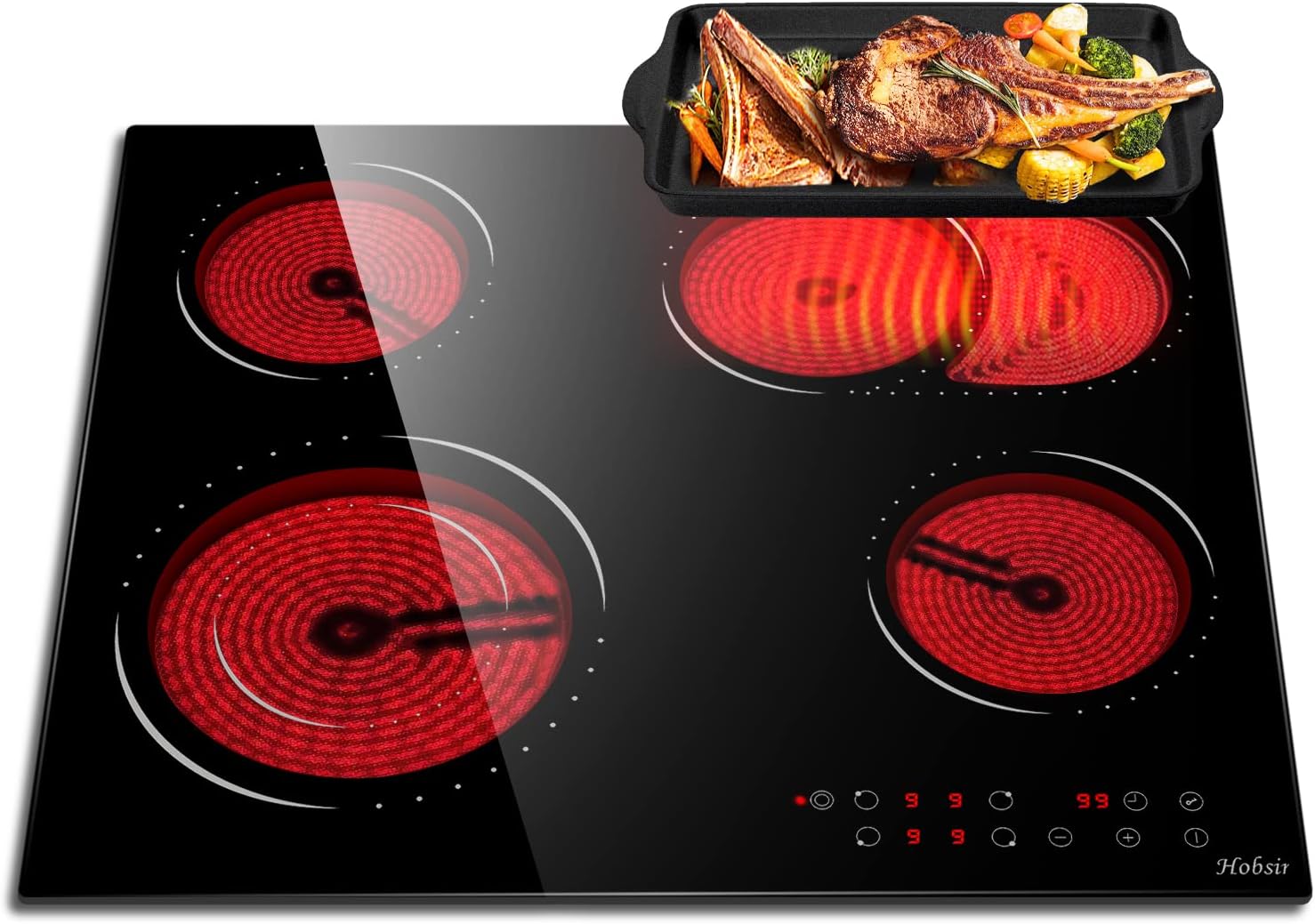 Glaskeramikkochfeld 4 Zonen Kochfelder Sensor-touch Control Kochfeld Autark 60cm, 6000W, 9 Leistungsstufe, verkabelt, kein Stecker