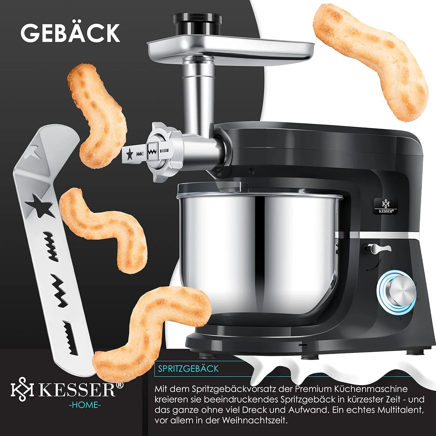 KESSER® 3 in 1 Universal Küchenmaschine K-KM 3000 mit Fleischwolf Knetmaschine Multifunktionale Rührmaschine 5,5L Schüssel mit 3 Rührwerkzeuge, 1,5L Entsafter, Zubehör-Set, Pasta & Gebäckformen