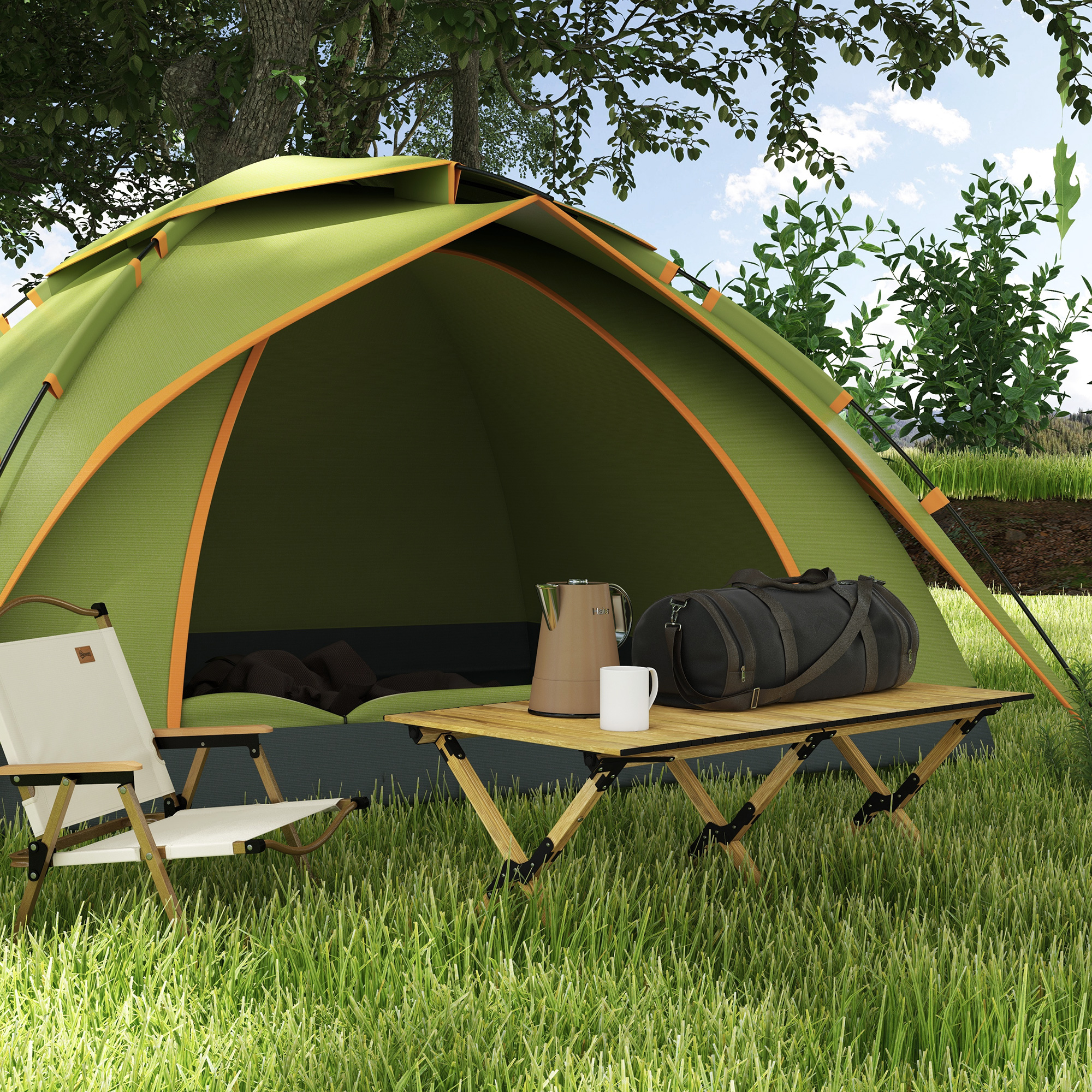 Outsunny Campingtisch Picknicktisch Gartentisch aus Aluminium mit aufrollbarer Platte Naturholzoptik