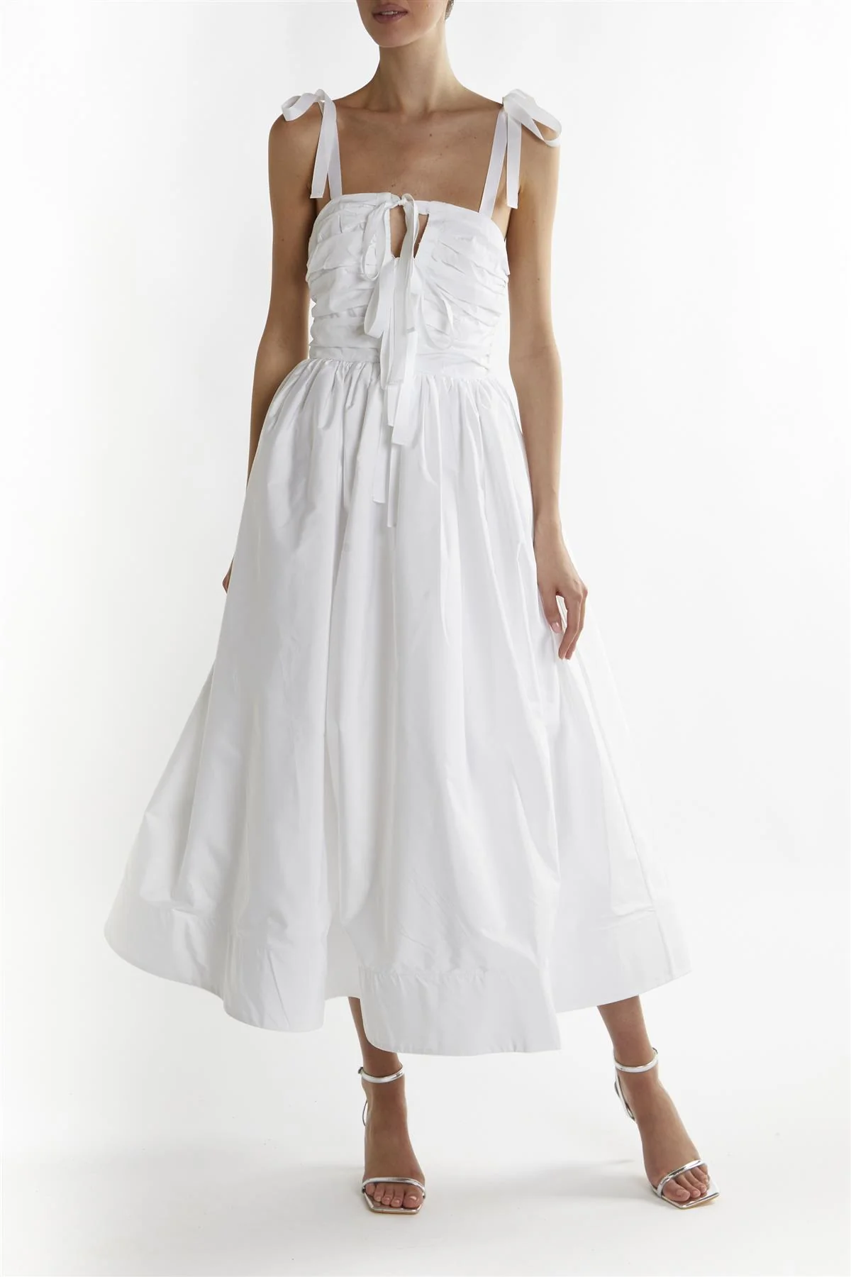 White Eleanor Bow Tie- Strap Midi-Dress