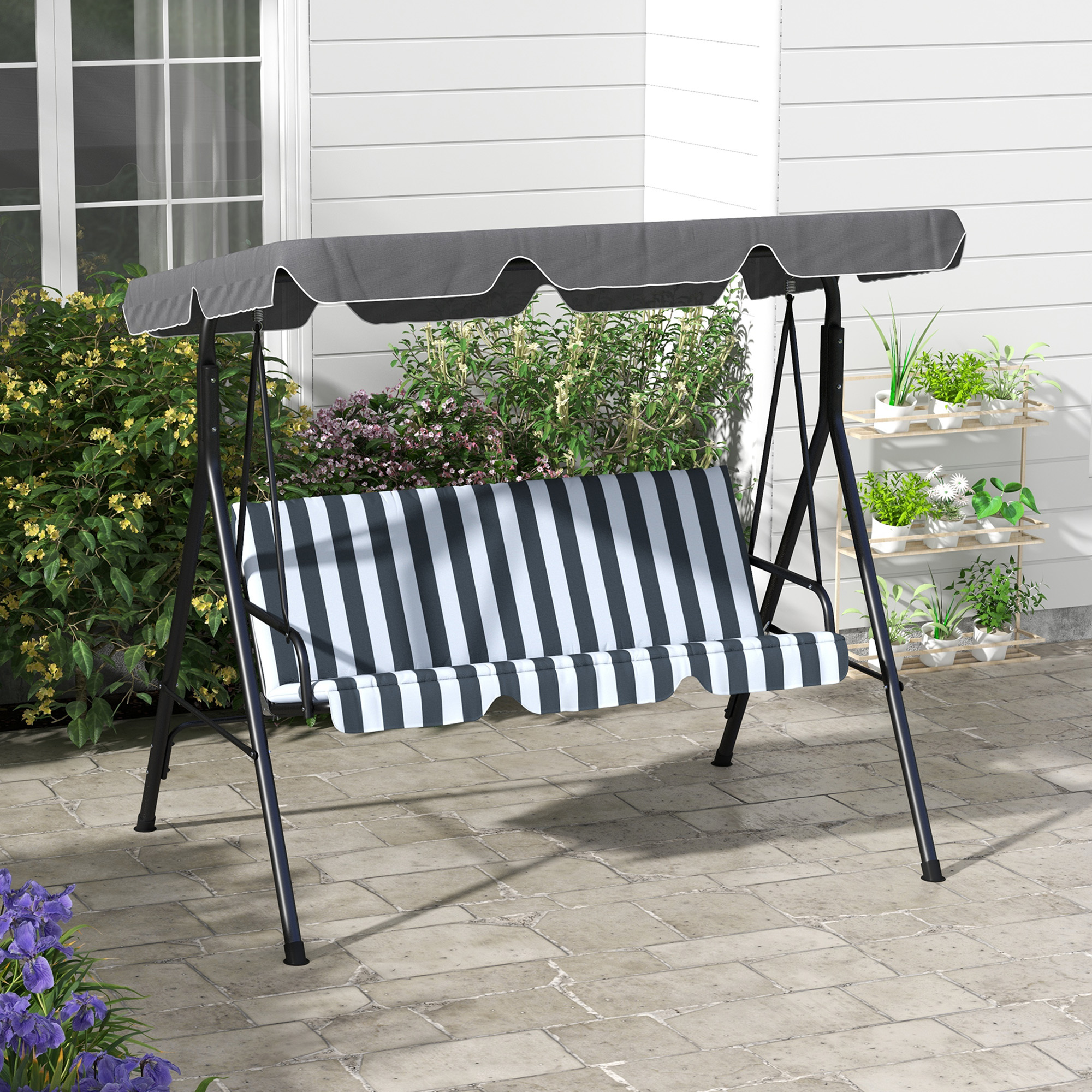 Outsunny Hollywoodschaukel, Gartenschaukel, 3-Sitzer Schaukelbank mit Dach, Stahl, 172 x 110 x 153 cm, Grau+Weiß