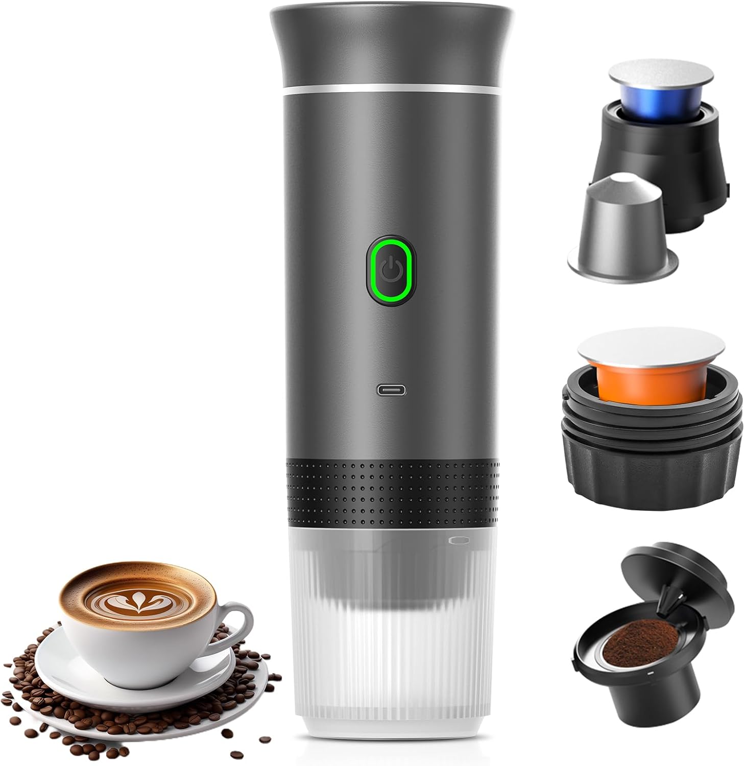Macchina da Caff猫 Portatile per Auto,Macchinetta da Caff猫 da Viaggio con Riscaldamento Elettrico USB-C,Compatibile con Capsule NS e caff猫 Macinato,Minibevitrice per Campeggio,Ufficio ed Escursioni