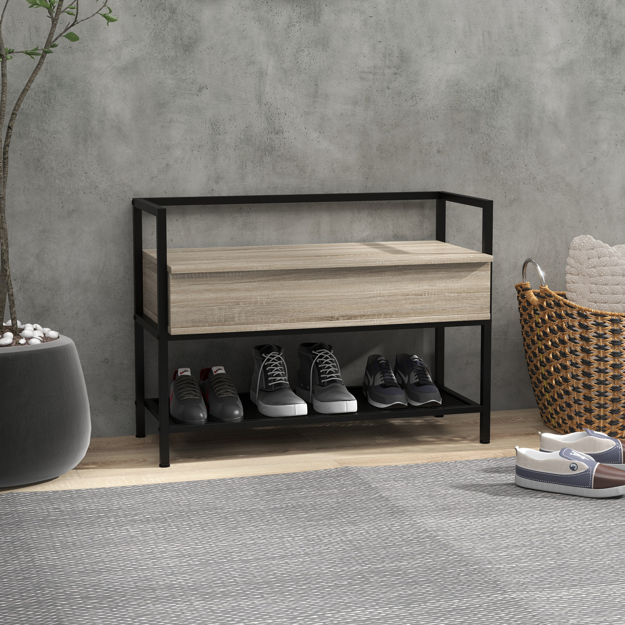 HOMCOM Schuhbank Aufbewahrungsregal Regal und verstecktem Fach mit klappbarem Deckel aus Holz Eiche und Schwarz