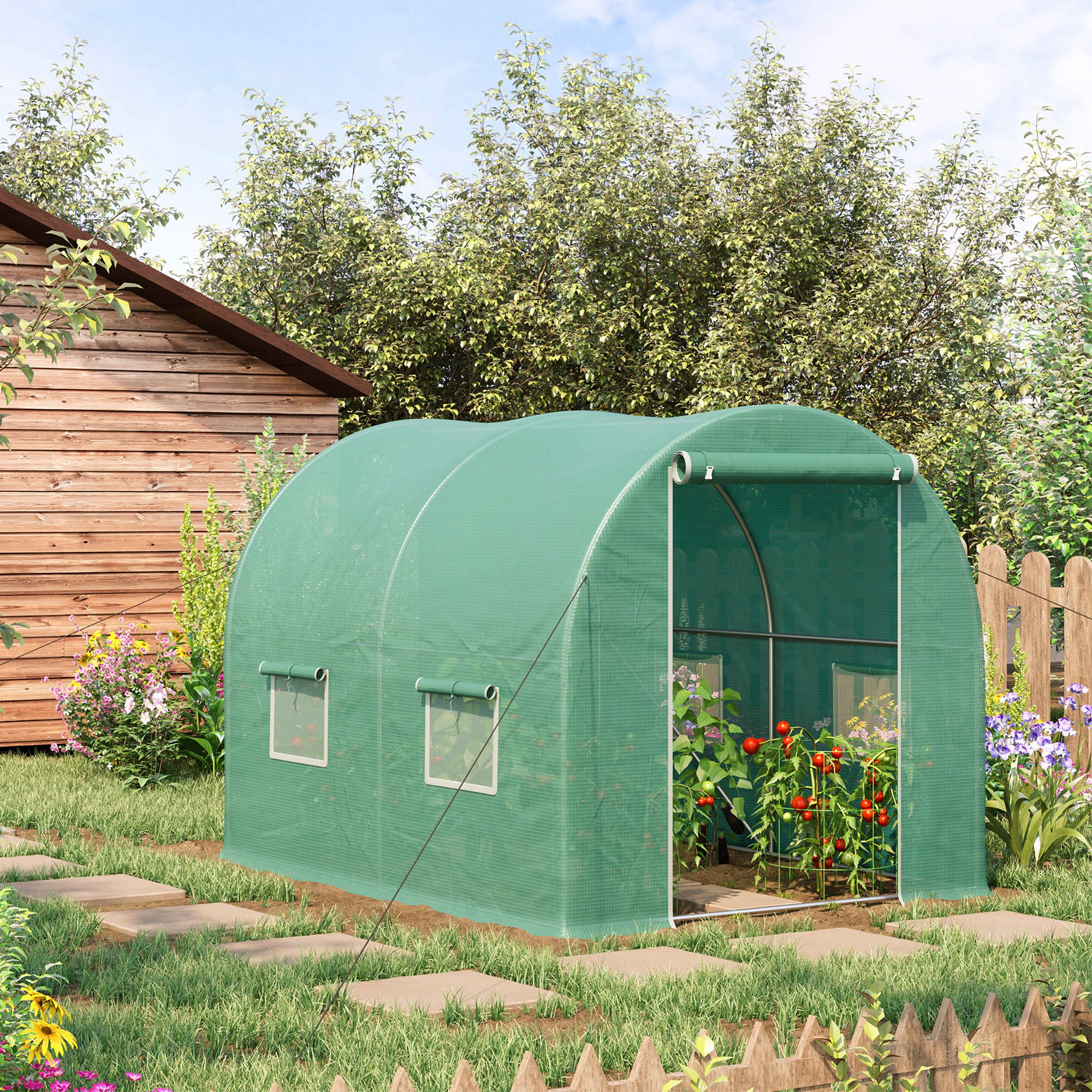 Outsunny Gewächshaus 300x195x189cm Foliengewächshaus Tomatenhaus Tür mit Moskitonetz, Fenster, Folientunnel aus verzinktem Stahl, stabiles Pflanztunnel, Treibhaus inkl. Erdanker Seilen, Grün