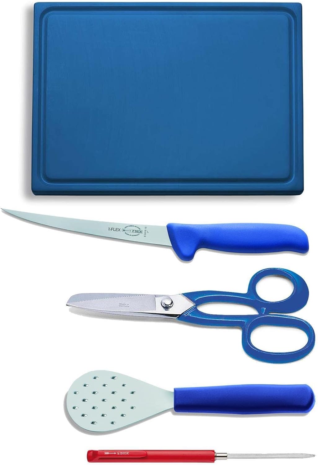 Dick Angel Set 5 teilig inklusive Filitiermesser halbflexibel & Schneidbrett 53 x 32.5 cm