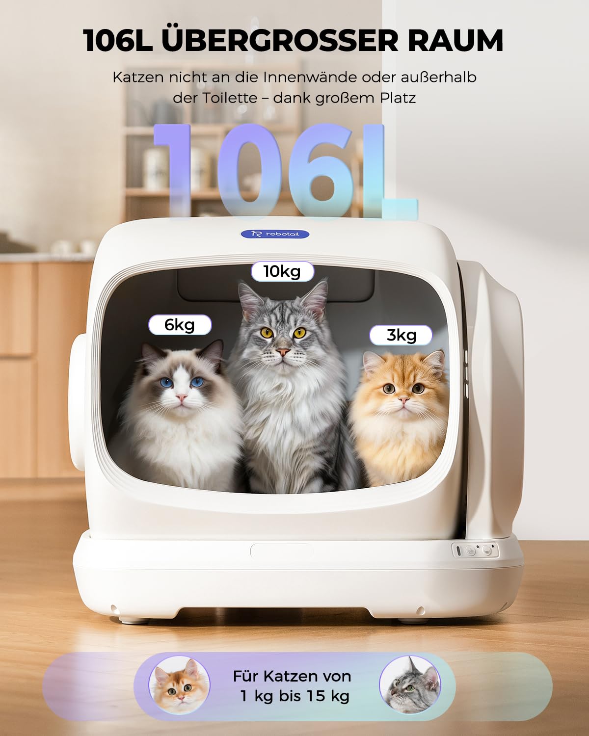 Selbstreinigendes Katzenklo XXXL 106 L automatisch für mehrere Katzen mit Streumatte
