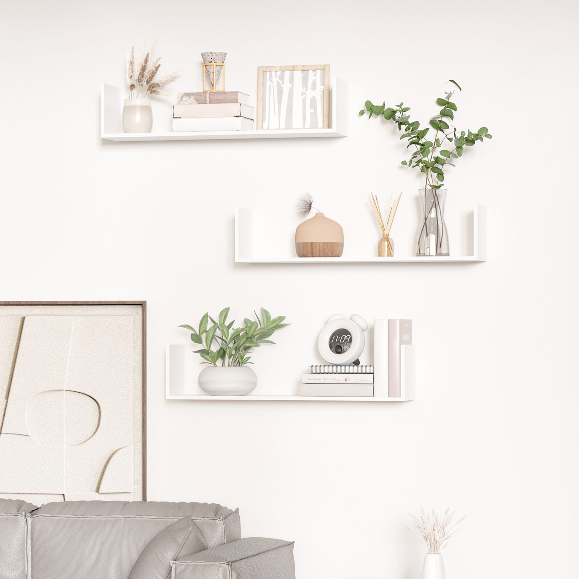 HOMCOM Set aus 3 schwebenden Wandregalen - Maße 80L x 18B x 18H cm - inklusive komplettem Befestigungskit - MDF-Holzmaserung in Weiß