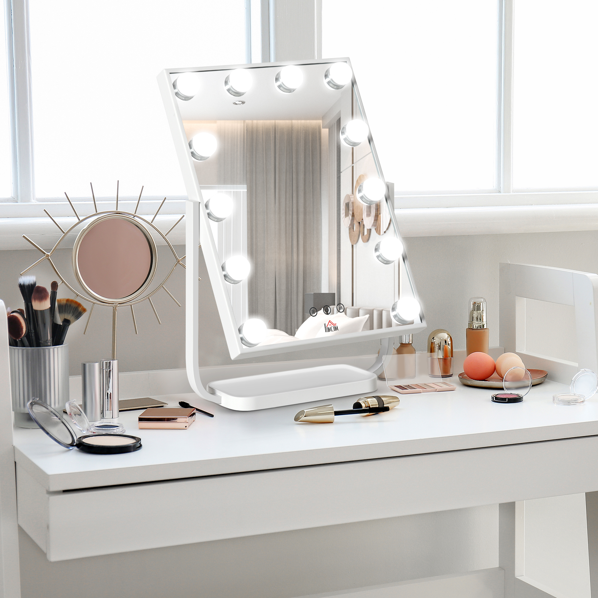 HOMCOM Hollywood LED Schminkspiegel mit Touchscreen - 3 Beleuchtungsmodi, neigbar, Adapter - weißes Metallglas