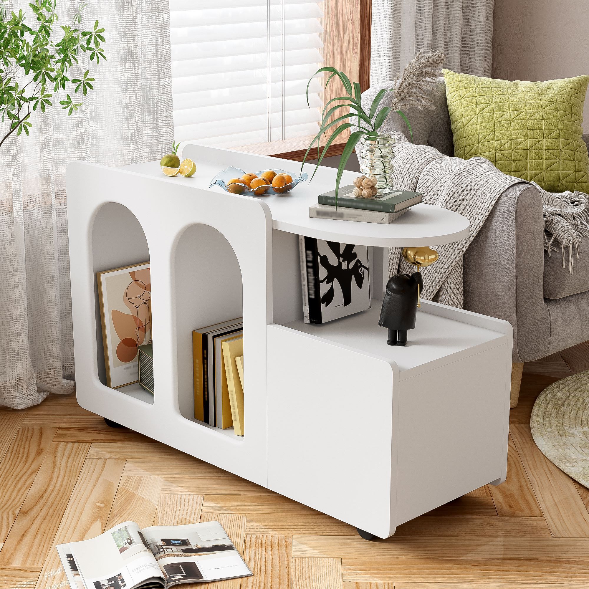 Beistellschrank 82x30x53 cm, Vielseitiger Beistellschrank mit Rollen für Wohnzimmer, Esszimmer und Schlafzimmer, Weiß